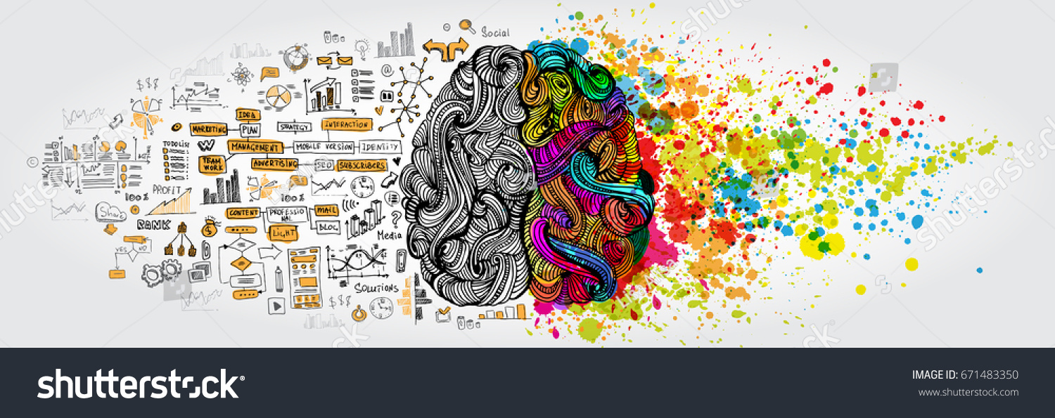 左右人类脑概念。具有社会和商业涂鸦的创造性部分和逻辑部分