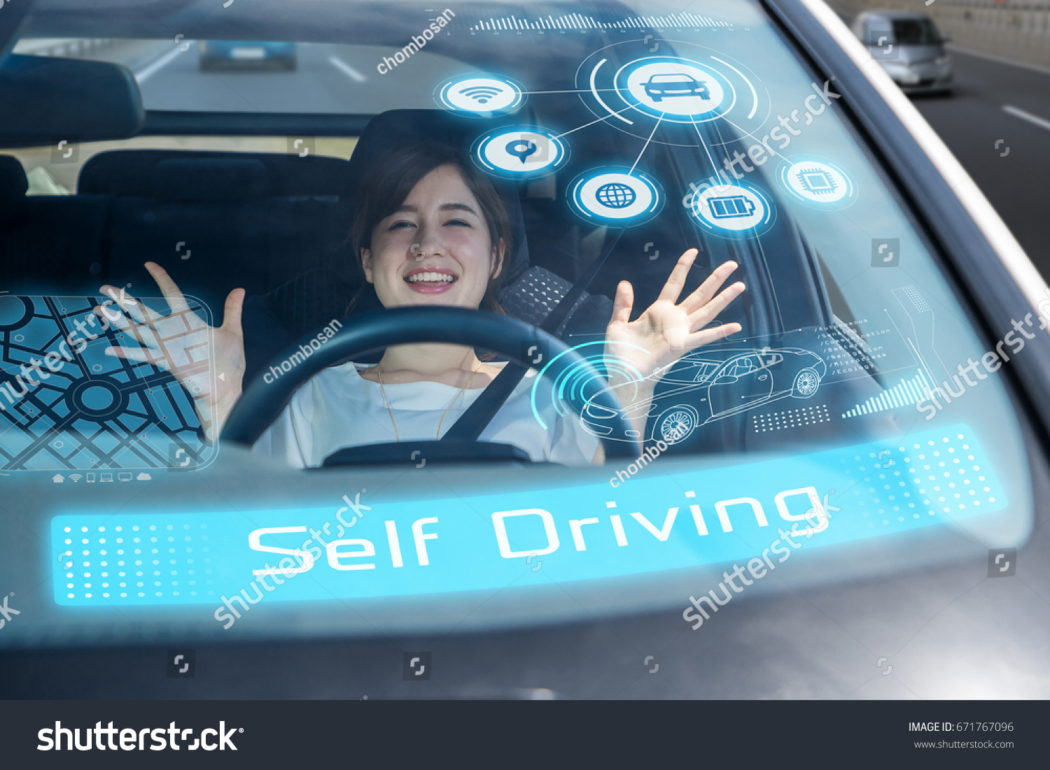 young woman riding the self driving car. autonomous car.