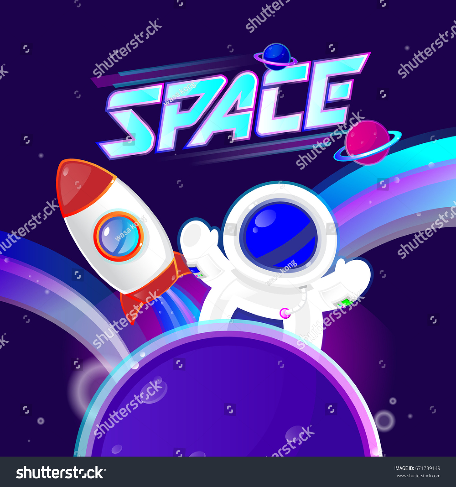 Vector illustration in neon style about outer space. Planets in the universe.