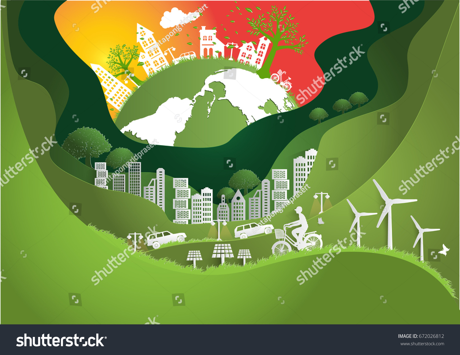 Paper art  The Global  windmill and solar panels on the grass  Environmentally friendly world. Vector illustration of ecology concept protect the environment and The earth