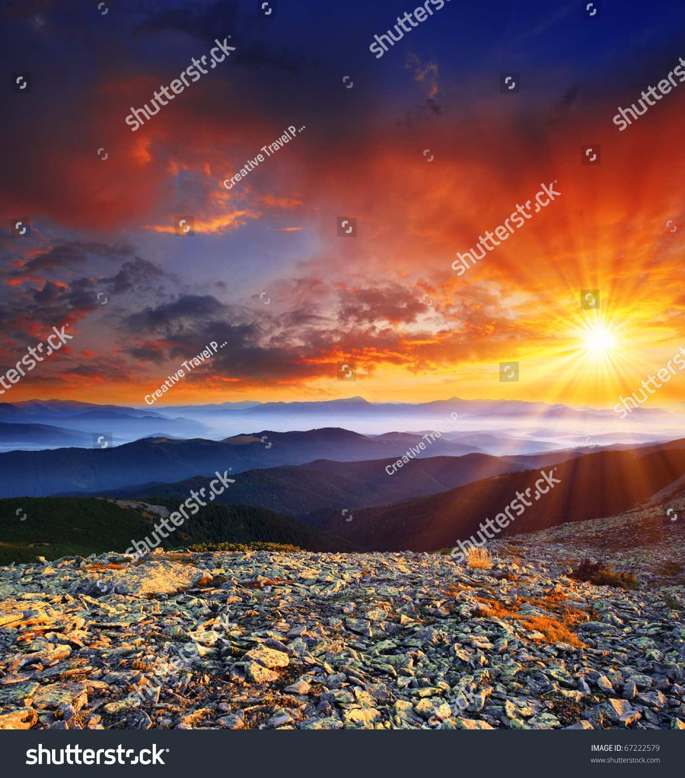 Majestic sunrise in the mountains landscape. HDR image