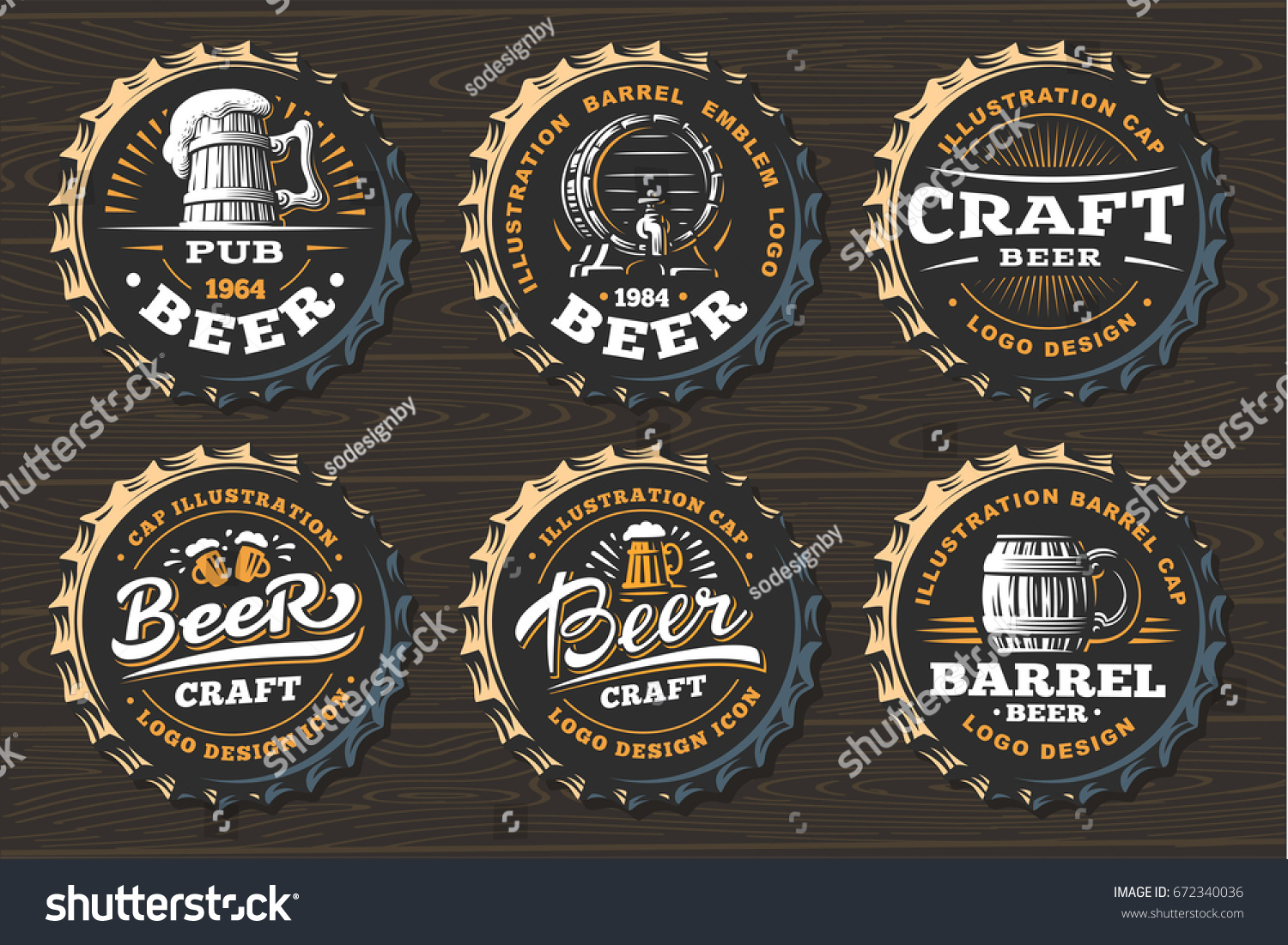 Set beer logo on caps - vector illustration  emblem brewery design on black background