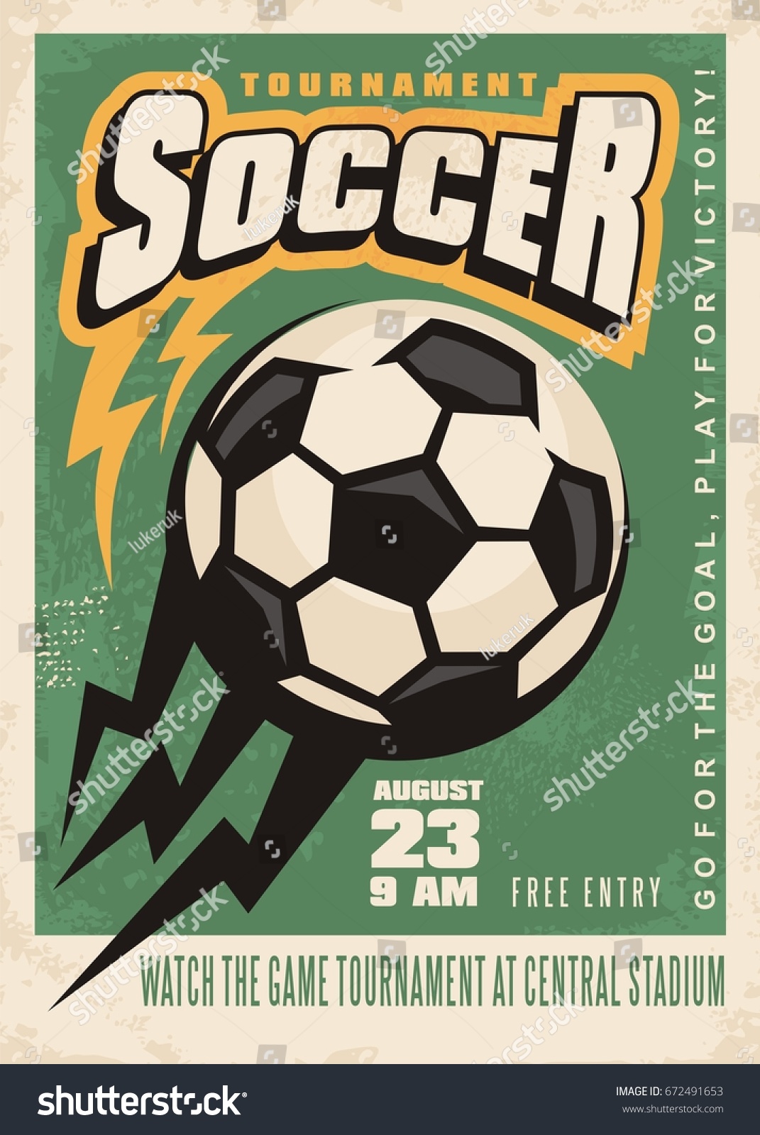 Soccer tournament vector poster template with soccer ball and creative letterhead on green background. Football match flyer layout  Sports and recreation theme.