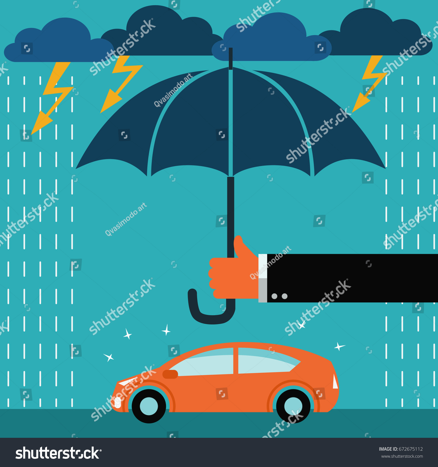 Insurance agent standing with umbrella under thunderstorm protecting car