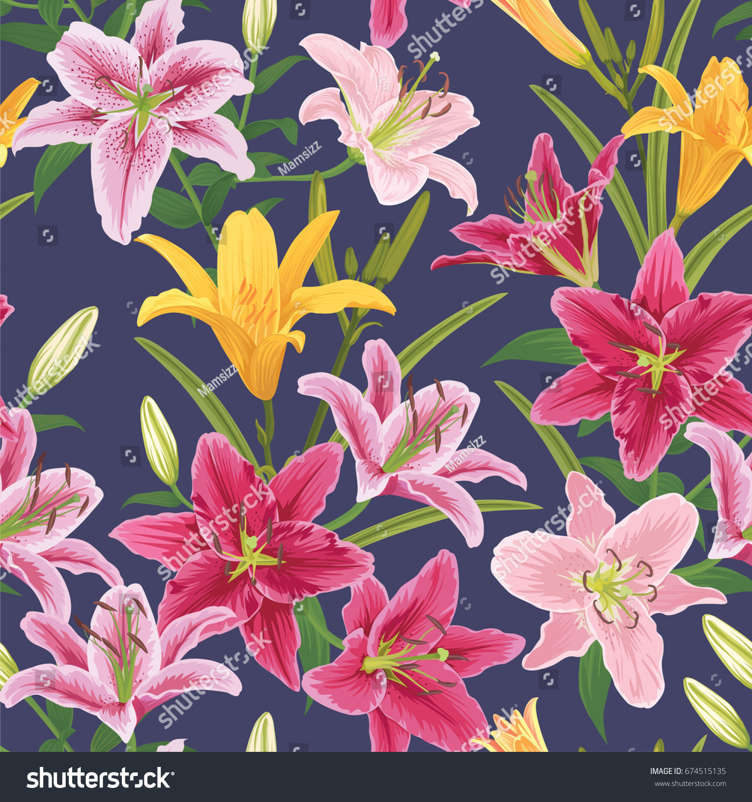 Seamless of colorful lilies flower on dark purple in the background. Vector set of blooming floral for your design. Adornment for wedding invitations and greeting card.