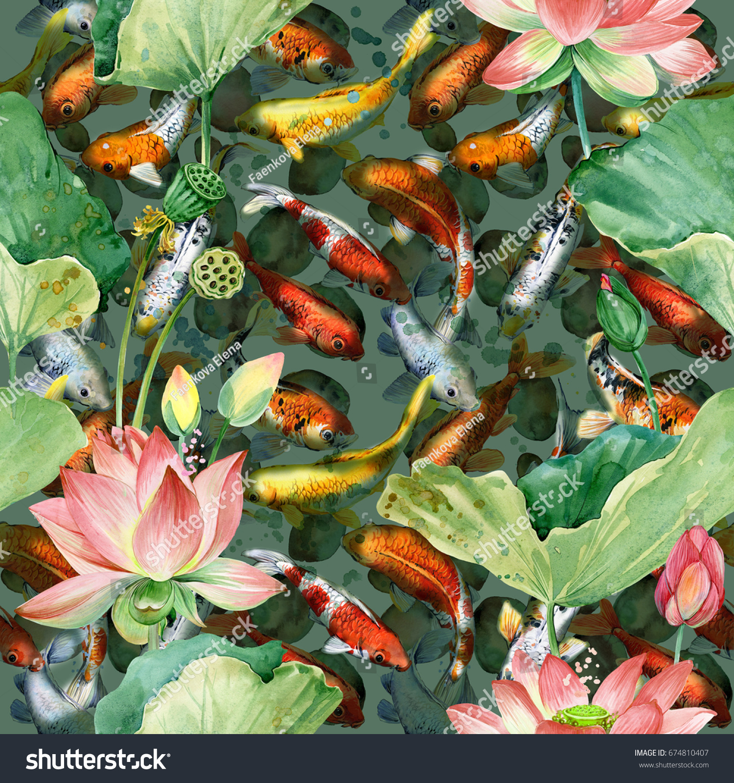 Carp koi with flower lotus seamless pattern. fish background. watercolor pond illustration.