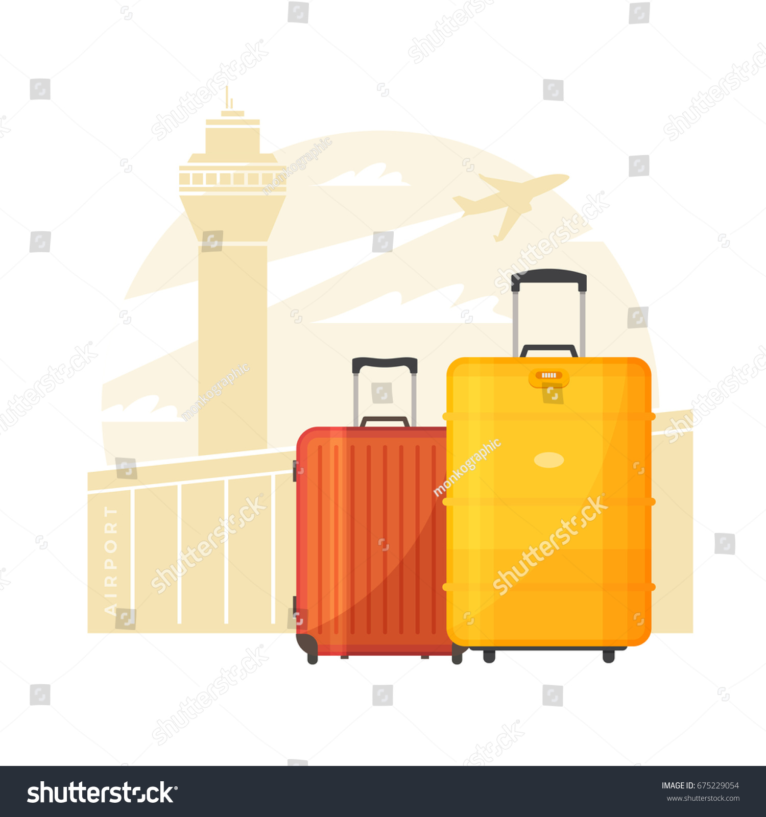 Suitcases with handles. Luggage on the background of the airport and the plane. The concept of travel.