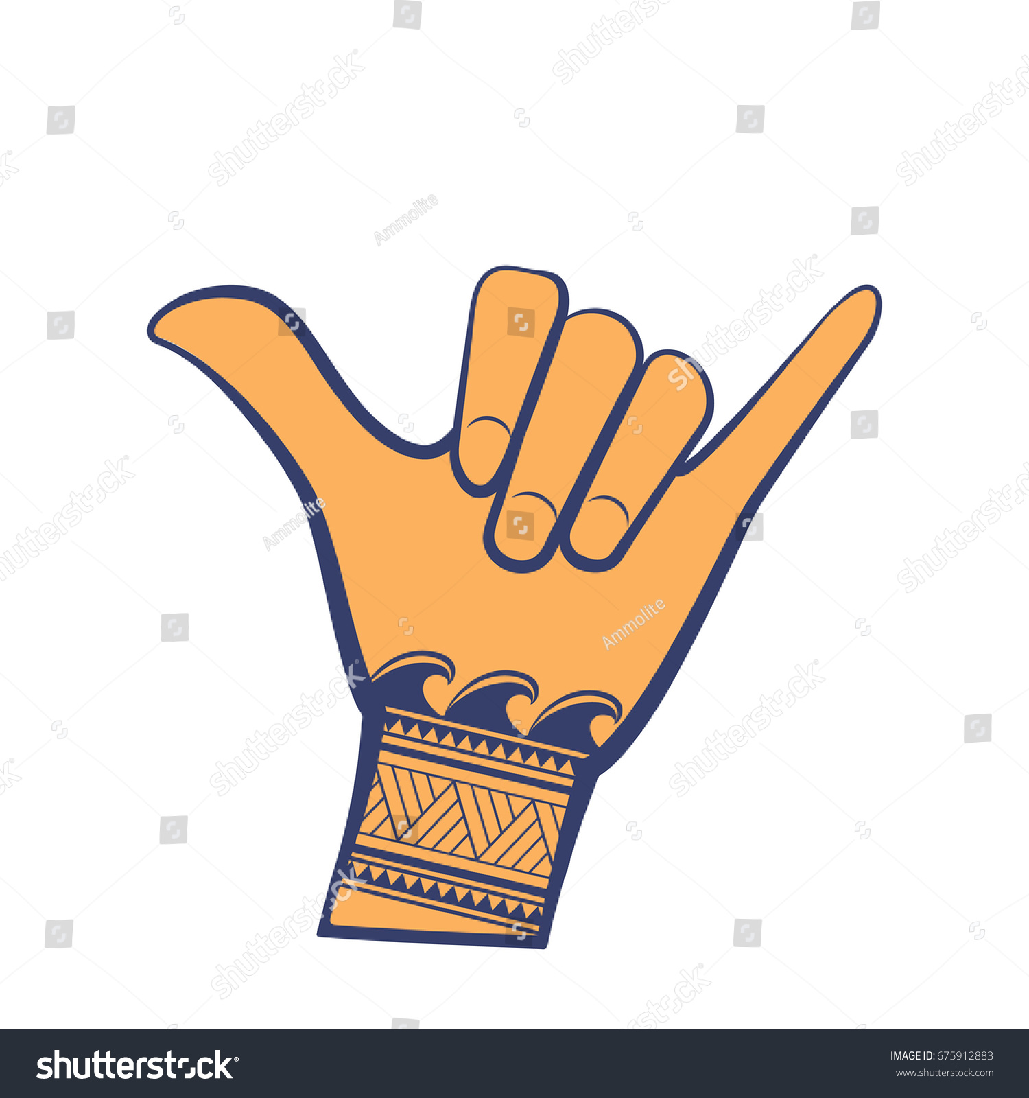 Surfing shaka hand sign with tribal wave tattoo. Hang loose hand gesture in blue and orange color with pattern.