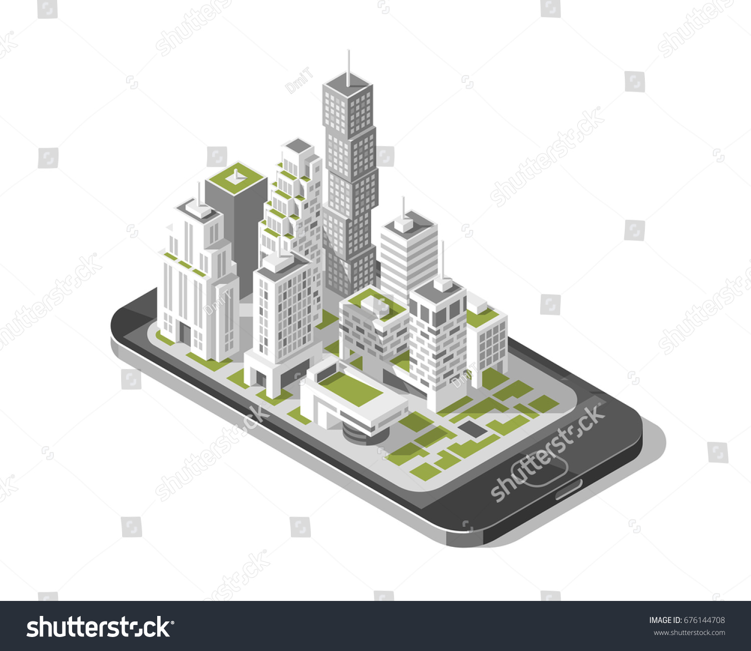 City isometric plan with road and buildings on smart phone. Map on mobile application. 3d vector illustration. 
