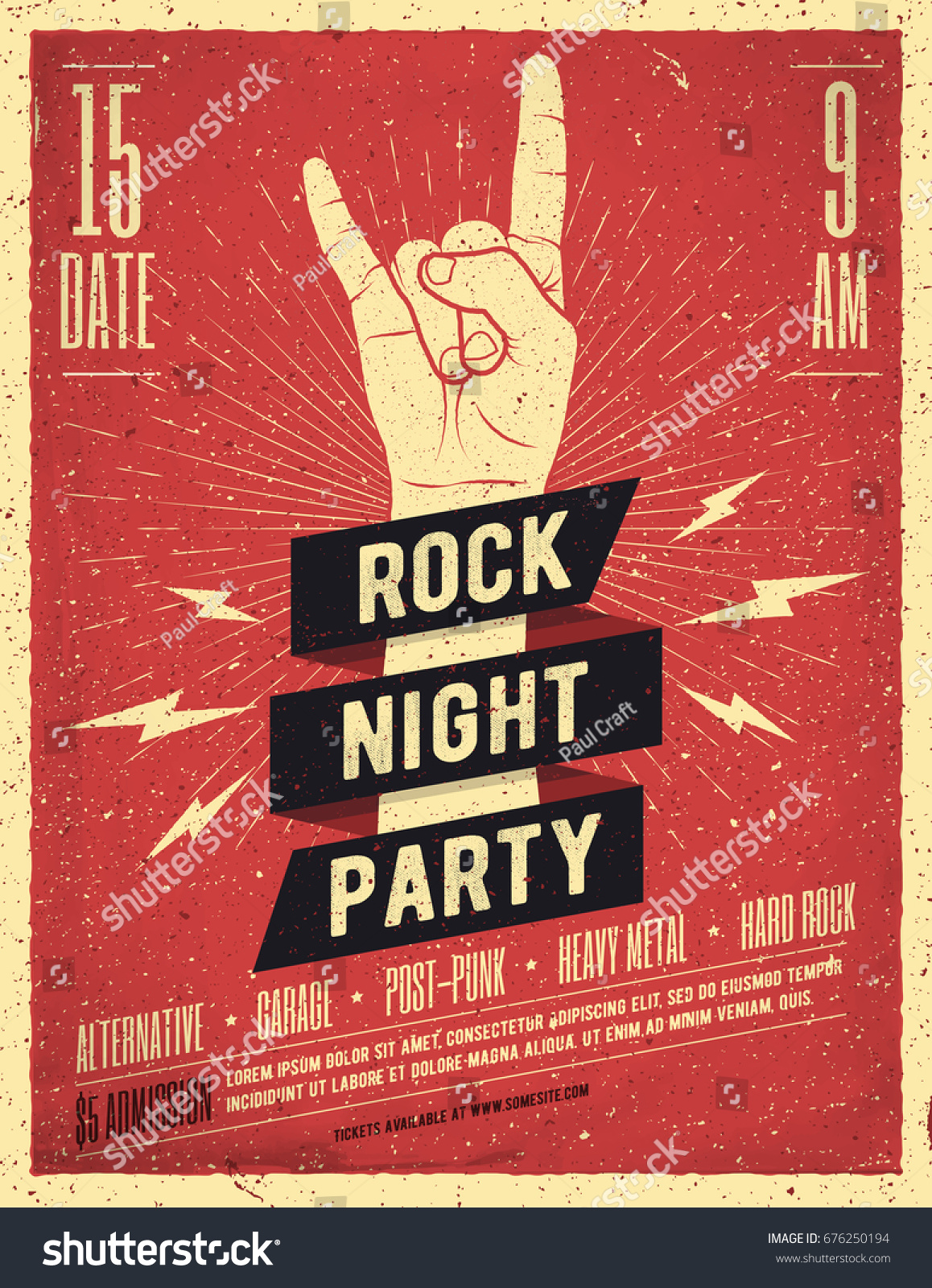 摇滚夜聚会海报。传单。复古风格的矢量图。