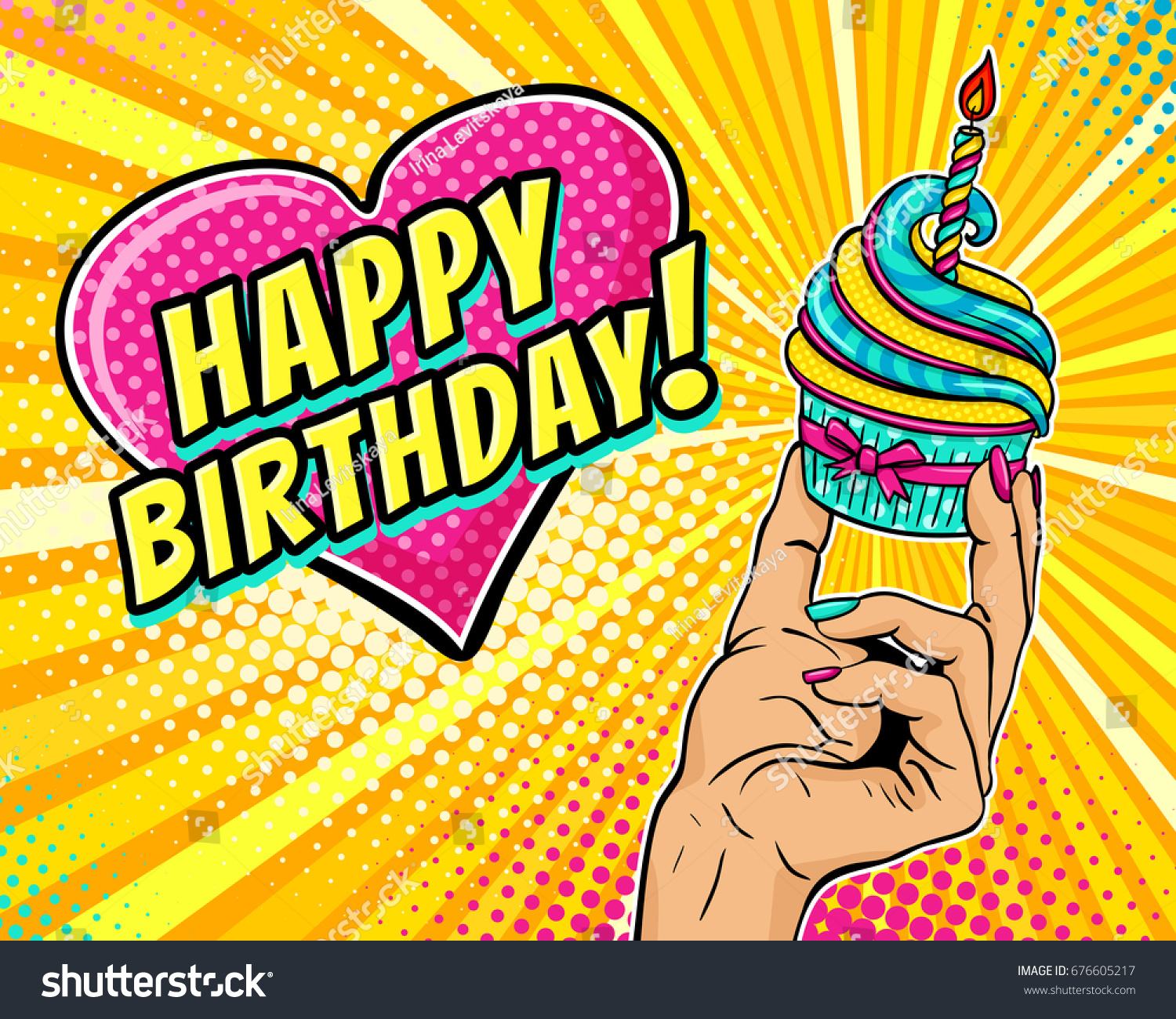 Pop art background with female hand holding cupcake with burning candle and speech bubble in form of heart with Happy Birthday text. Vector illustration in retro comic style. Party invitation poster.