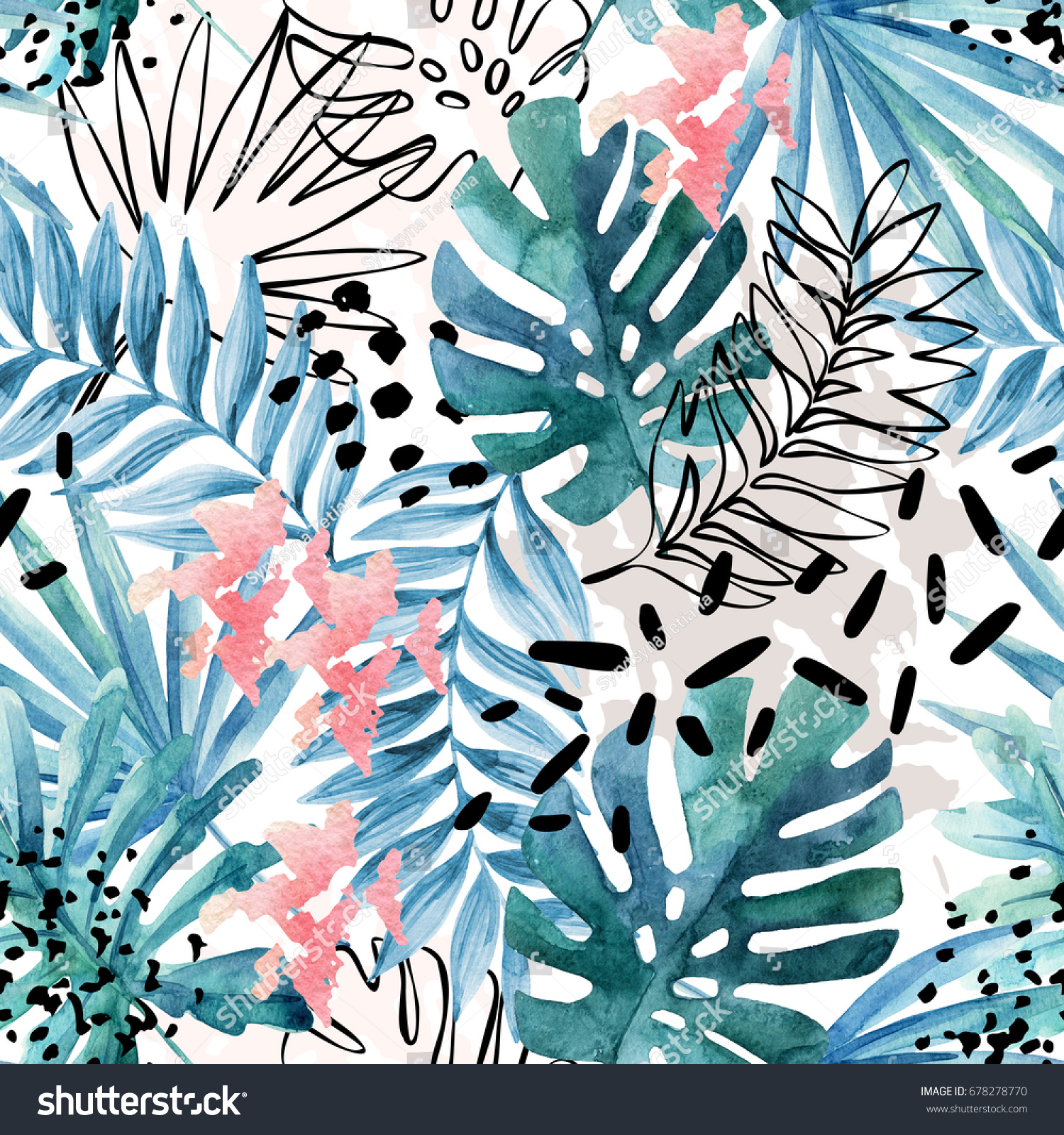 Abstract exotic leaves seamless pattern. Hand drawn tropical summer background: watercolor leaves leaf contours drawings silhouette marble textures brush stroke dots. Watercolour art illustration
