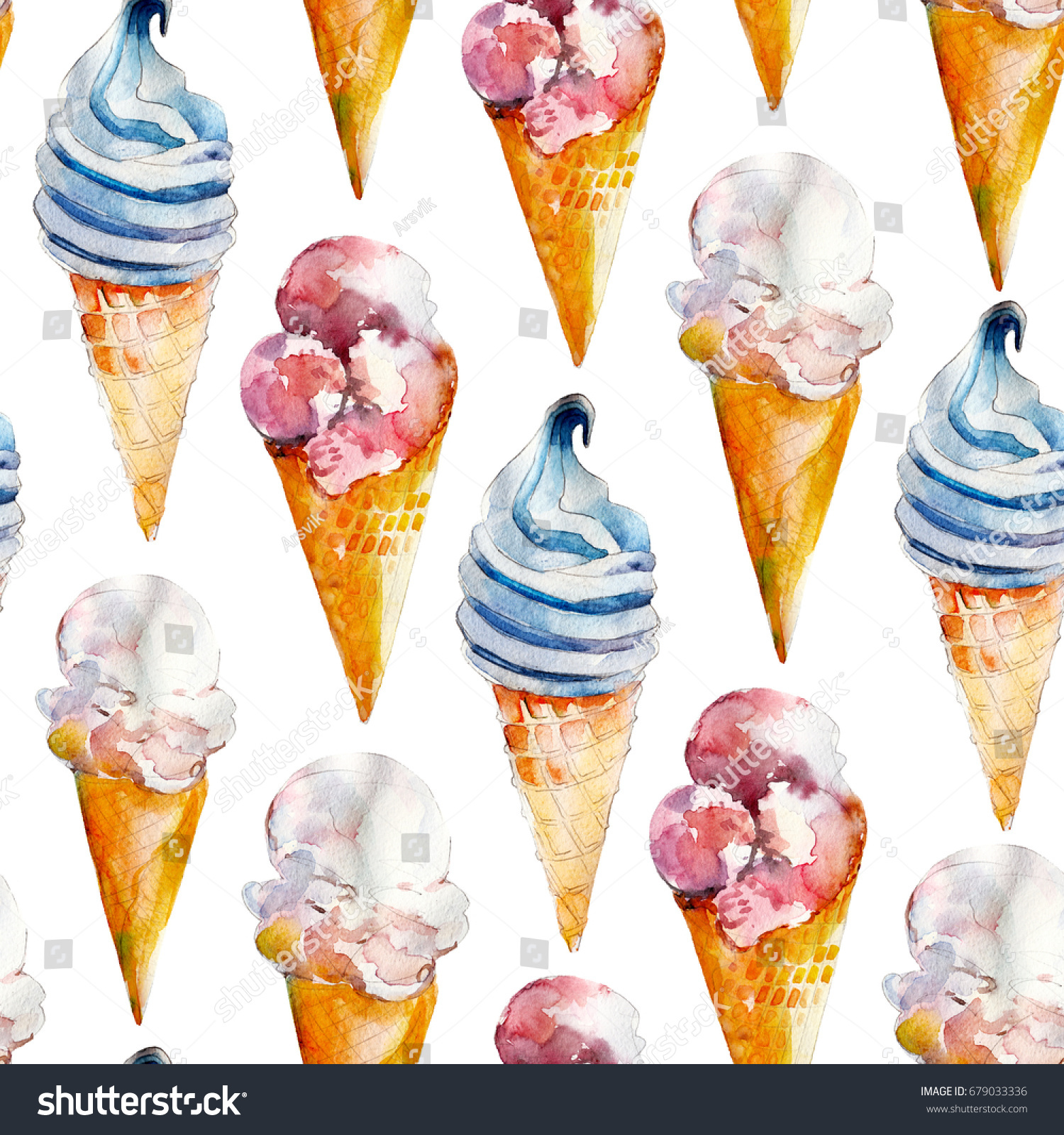 Ice-cream seamless pattern  hand-drawn watercolor on white background.