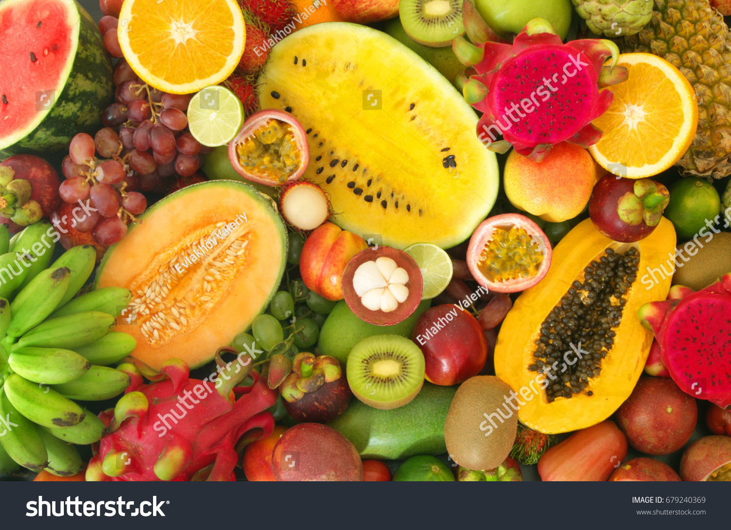 Tropical fruits background  many colorful ripe tropical fruits 