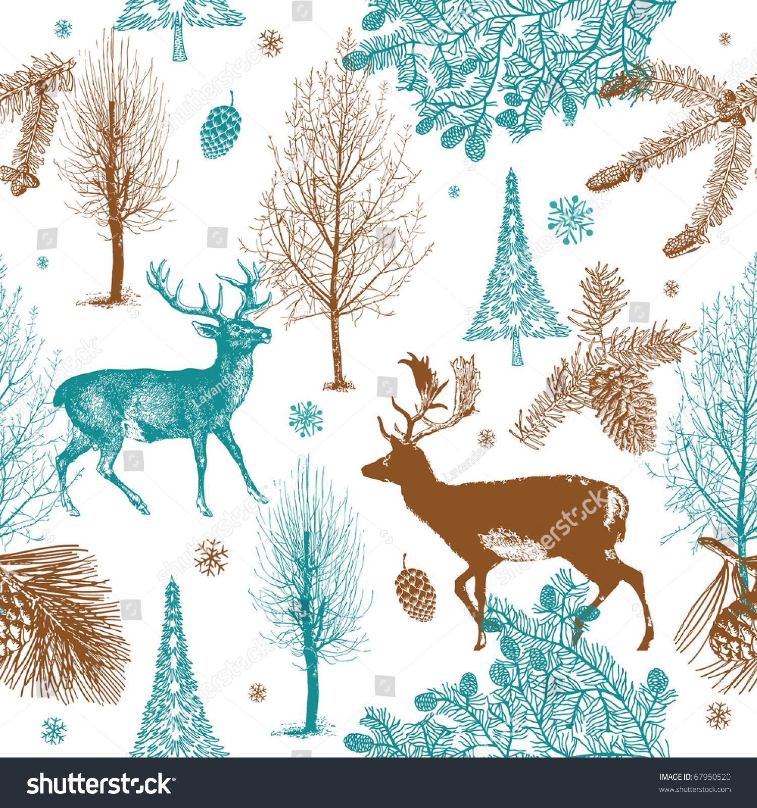 Winter Christmas forest with deers. seamless pattern
