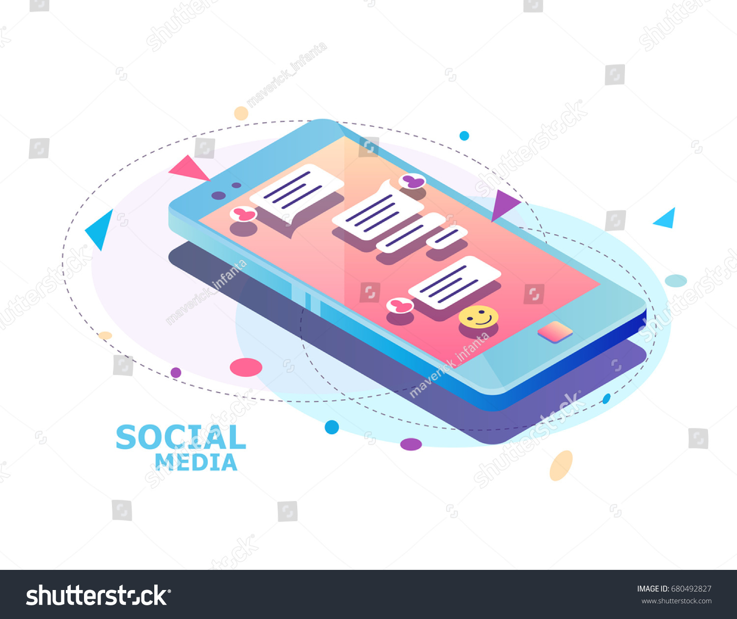 Isometric concept with mobile phone and chat. Chatting: sending and receiving messages and sms. Online conversation.  Social network. Vector illustration.