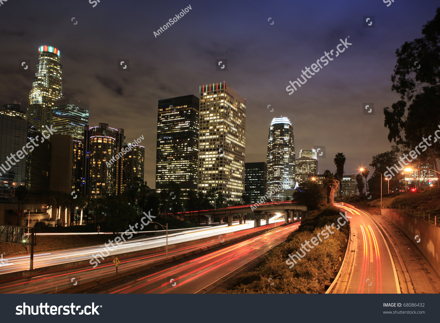 Downtown Los Angeles at Dusk  view from bridge 3th street.