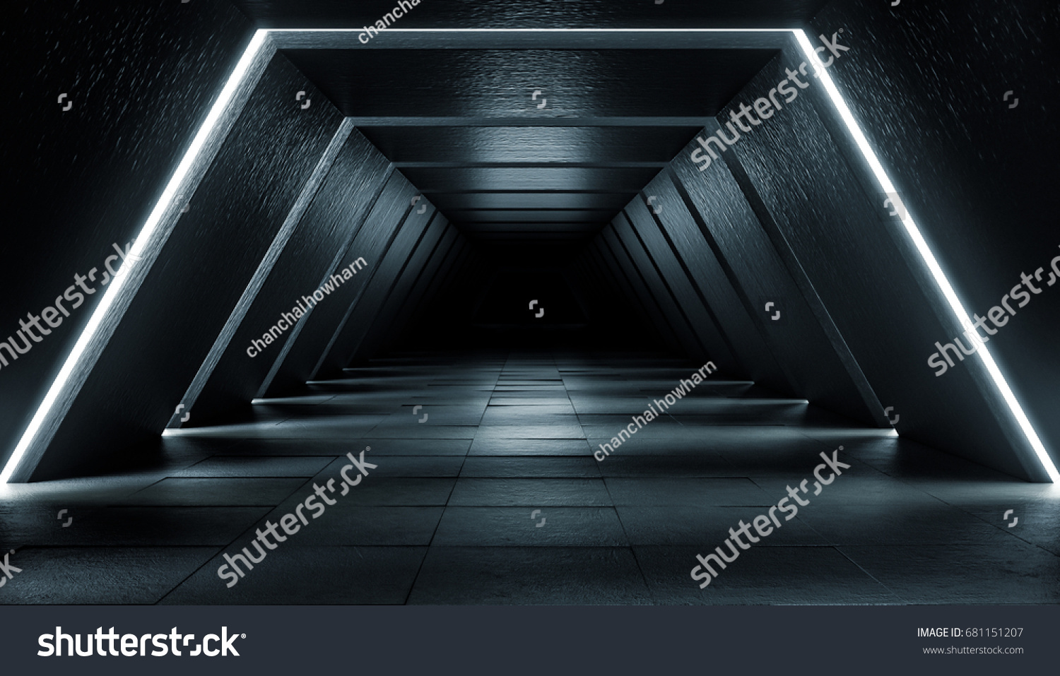 Abstract Futuristic dark corridor interior design. Future concept. 3D Rendering