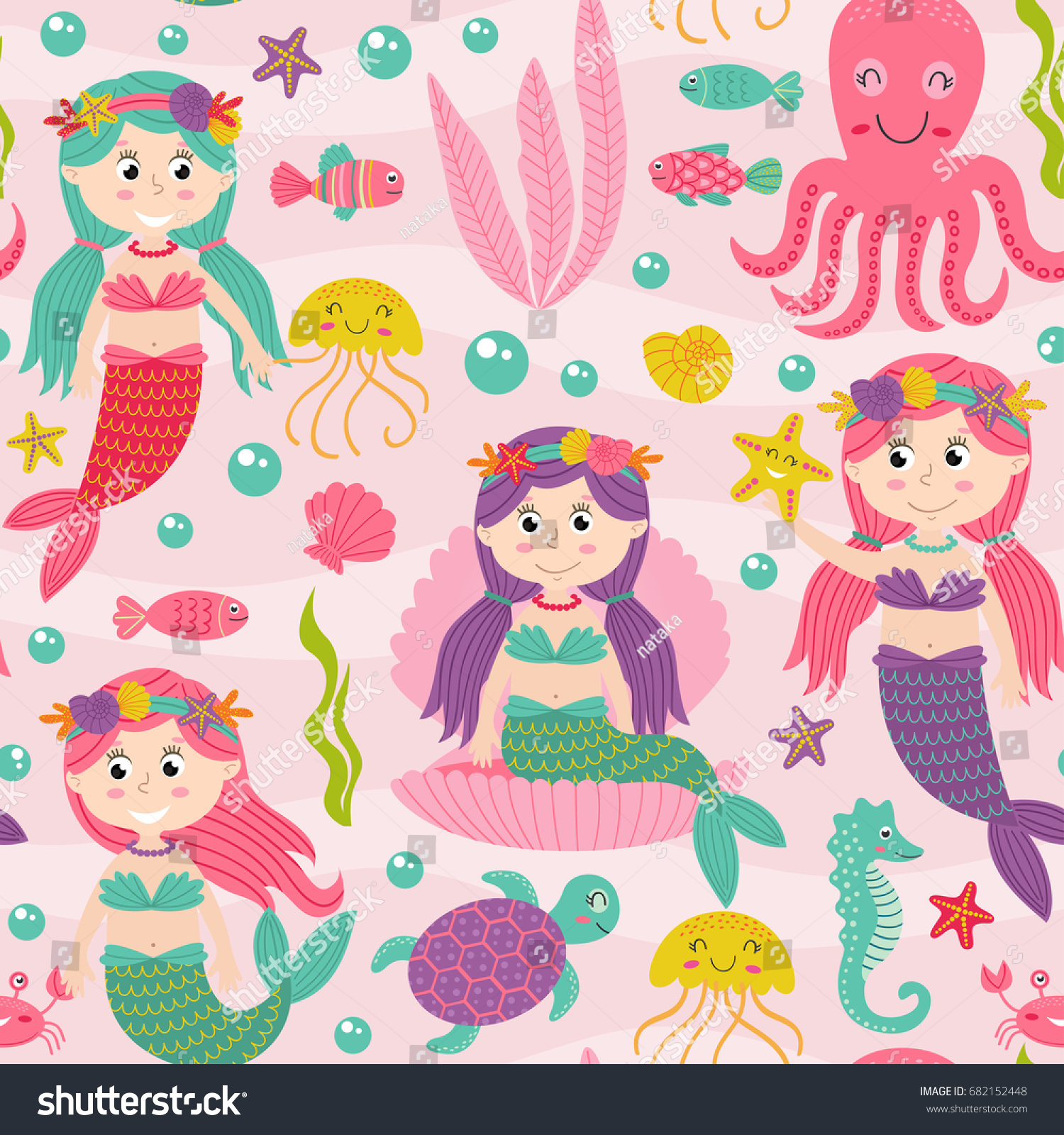 seamless pattern pink with mermaid and marine animals  -  vector illustration  eps