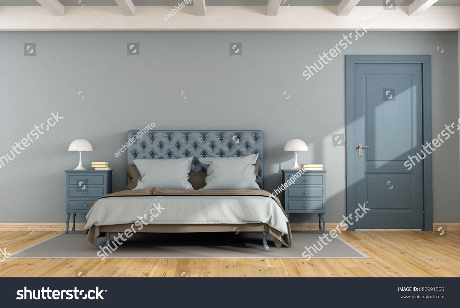 Blue master bedroom with double bed nightstand and closed door - 3d rendering