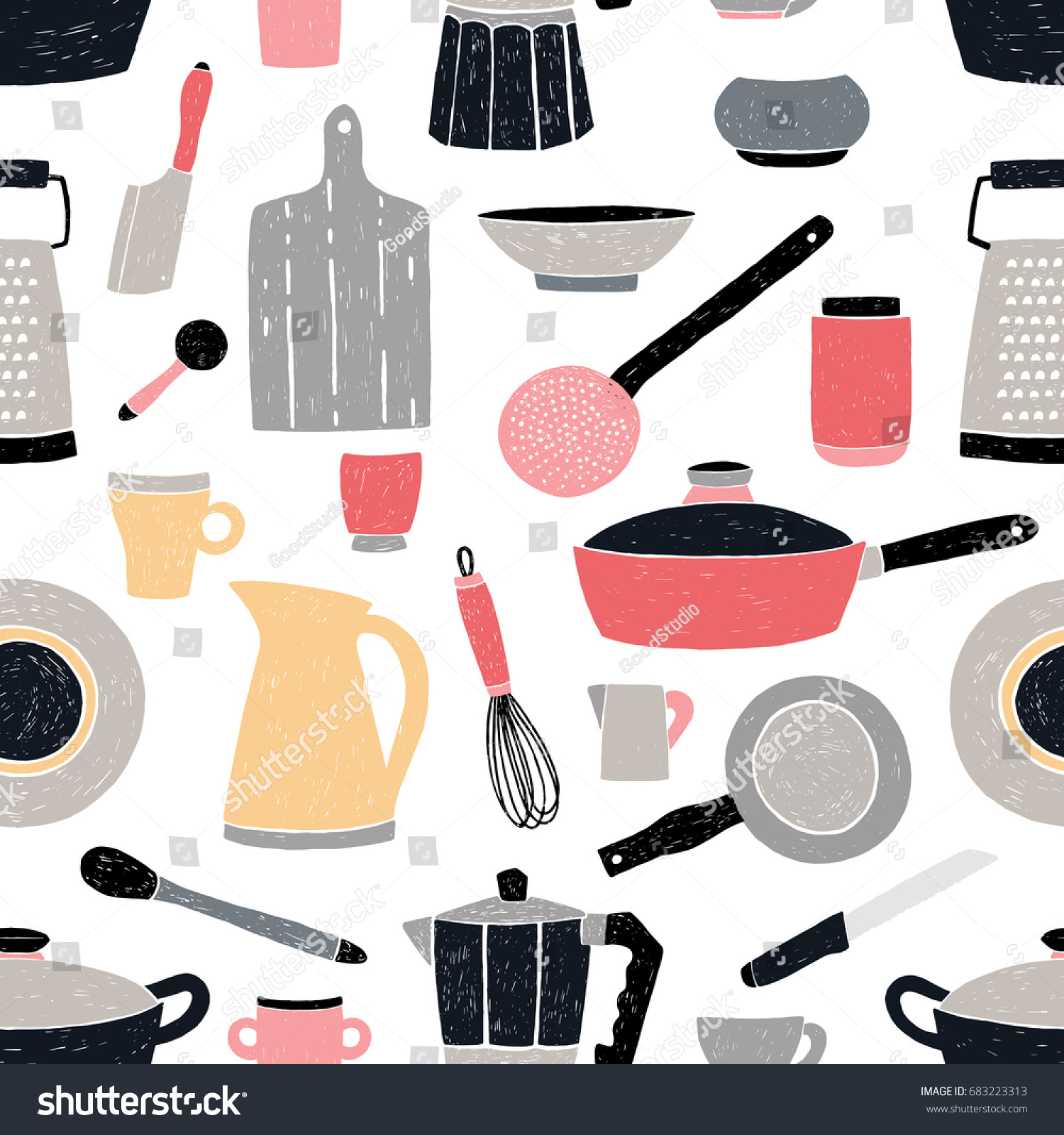 Kitchenware seamless pattern. Stylized hand drawn doodle dishes. Colorful vector illustration.