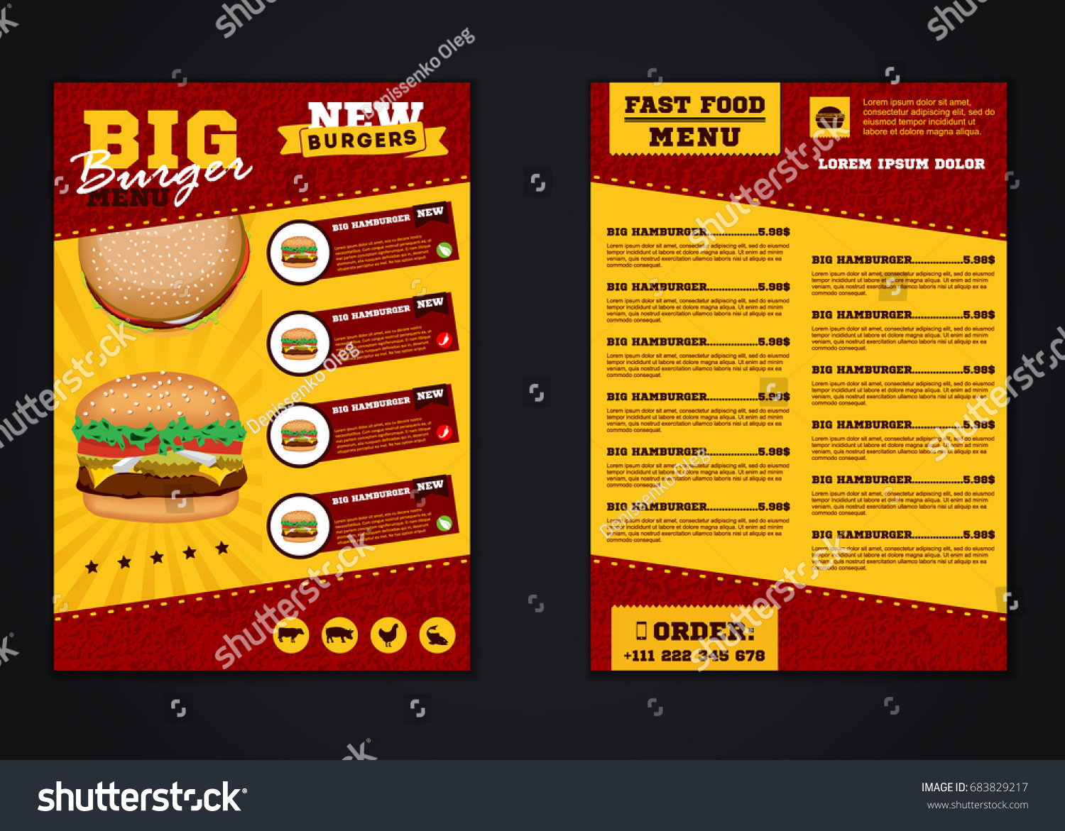 Fast food menu brochure design vector template in A4 size. flyer  baner and Layout Design. food concept.