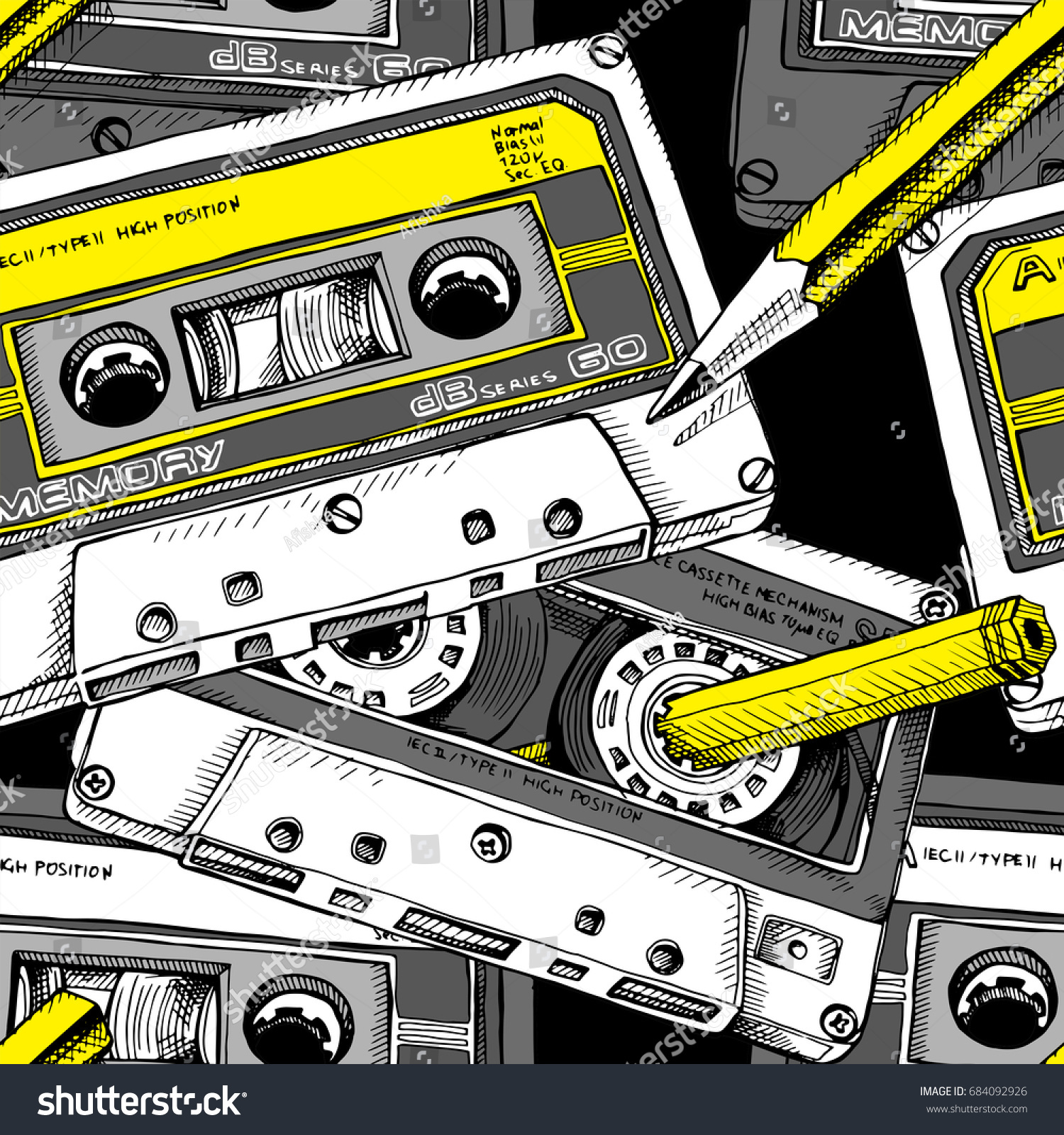 Seamless pattern with image of a Audio Cassette and a yellow pencil. Vector illustration.