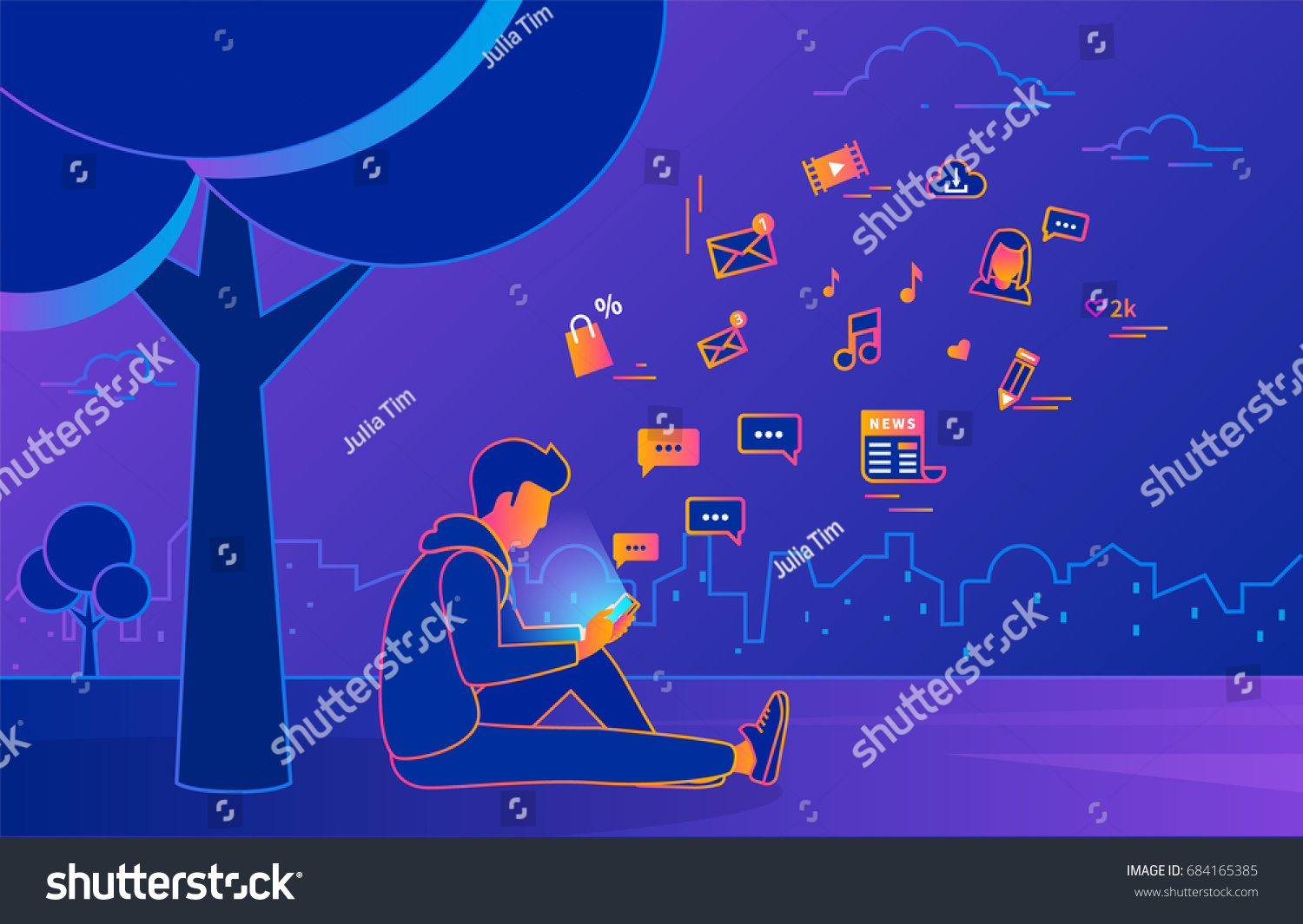 Young man sitting in the park under a tree and texting messages using smartphone. Gradient line vector illustration of social networking  searching news  sending email and texting to friends
