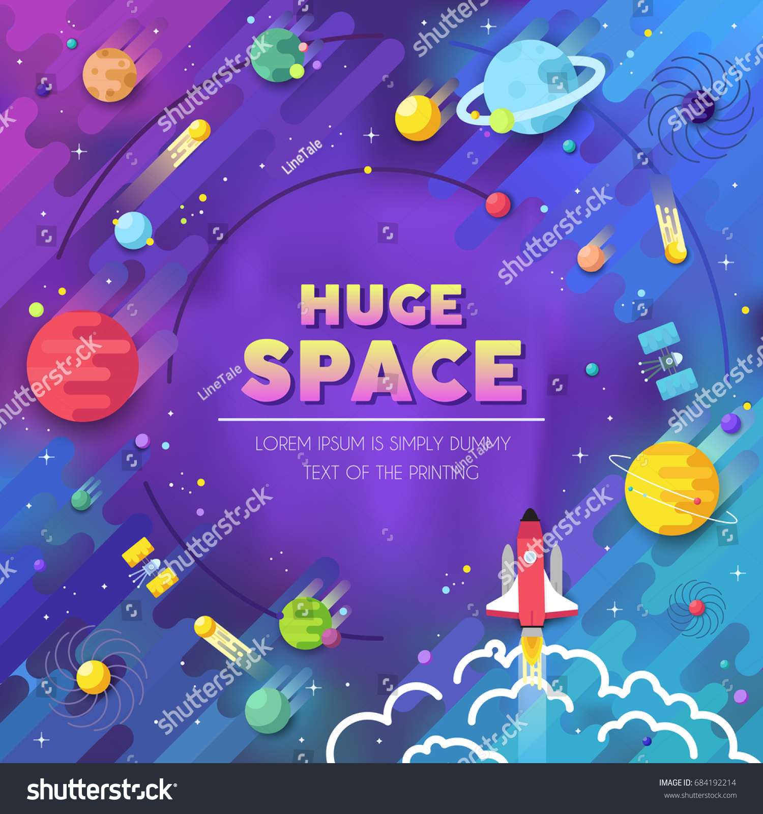 Set of huge universe infographic illustration. Outer space rocket flying up into the solar system with a lot of planets background. Vector thin lines icons stars in galaxy design concept. 