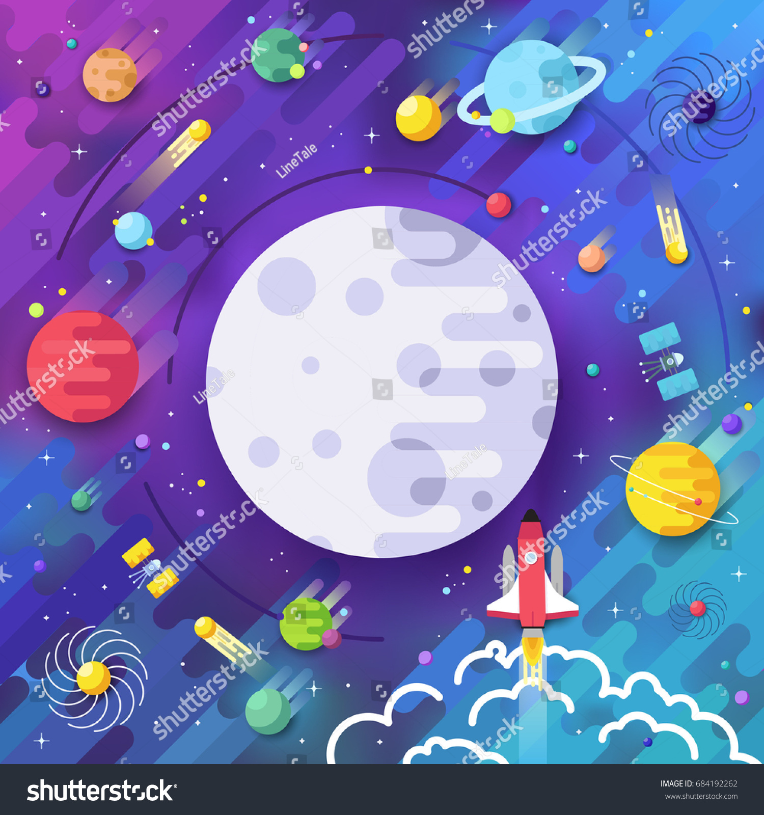 Set of huge universe infographic illustration. Outer space rocket flying up into the solar system with a lot of planets background. Vector thin lines icons stars in galaxy design concept. 