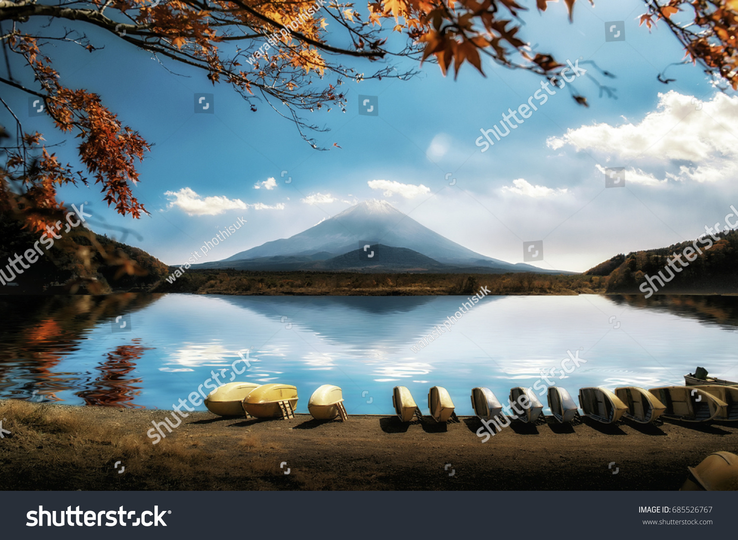 Japan landscape with Mount Fuji - Lake Shoji (Shojiko) and the famous volcano. Part of Fuji Five Lakes in Fuji-Hakone-Izu National Park