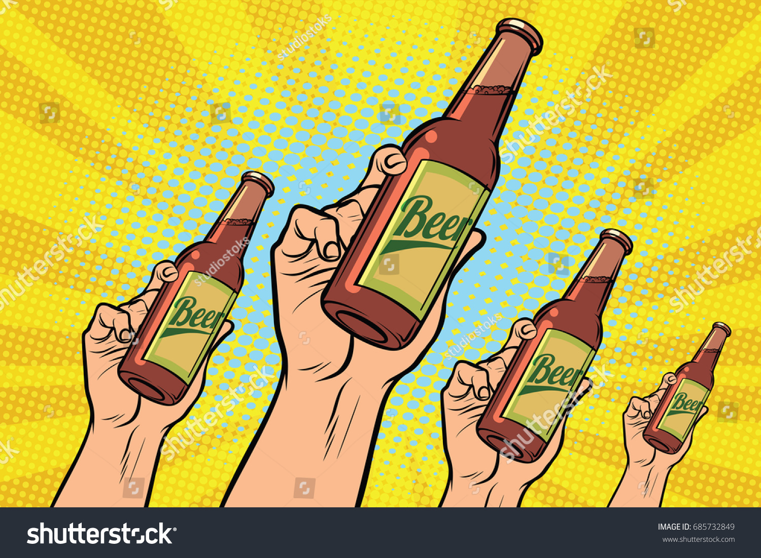 many hands with a bottle of beer. Pop art retro vector illustration