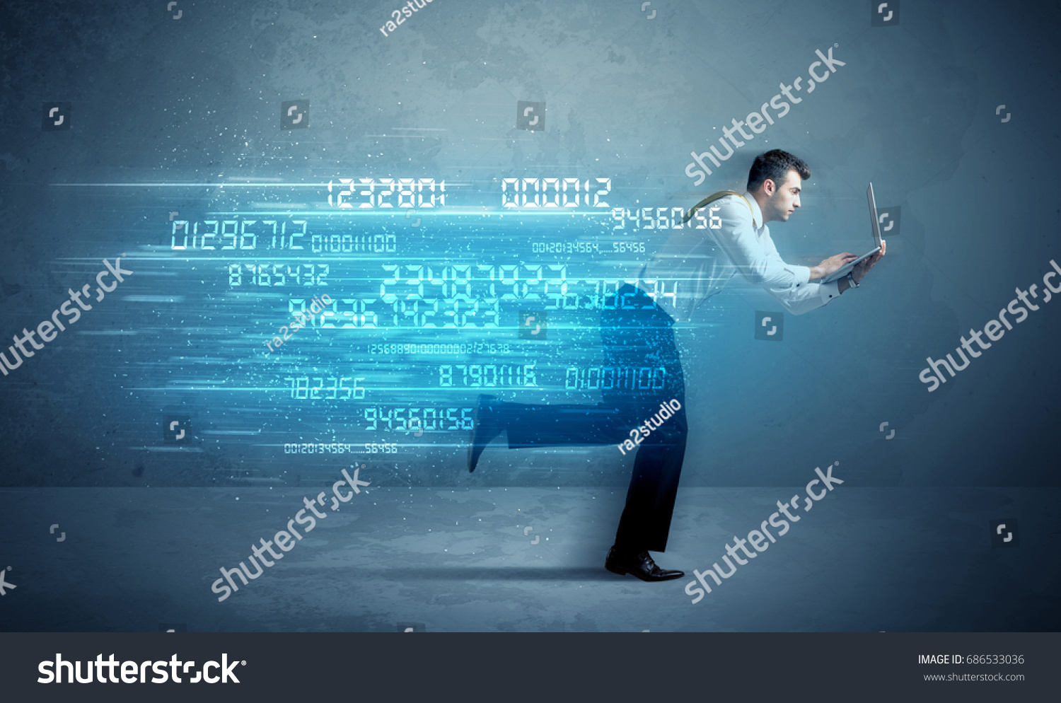 Business man running with media device and high tech wireless data concept on background
