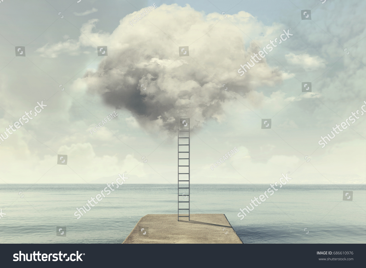 surreal ladder rises up into the sky in a silent sea landscape