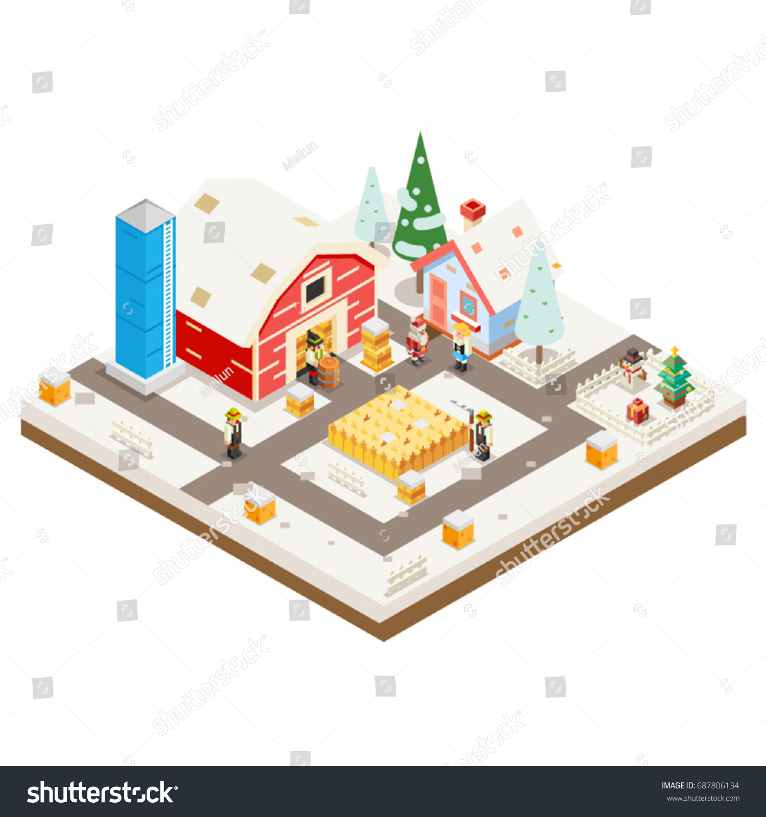 Winter Village Agriculture Farm Rural House Building season christmas Isometric 3d Lowpoly Icon Real Garden Estate Symbol Meadow Background Flat Design Vector Illustration