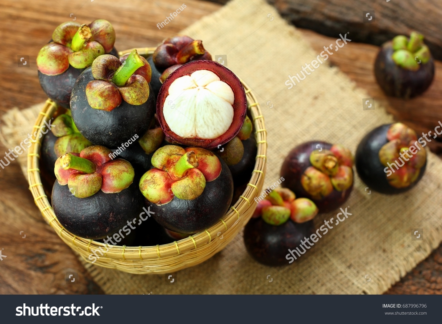 Thai fruit : Mangosteen is queen of fruits. Organic fruit in the basket. Fresh mangosteens on wooden table. Selective focus. Top view of mangosteens.