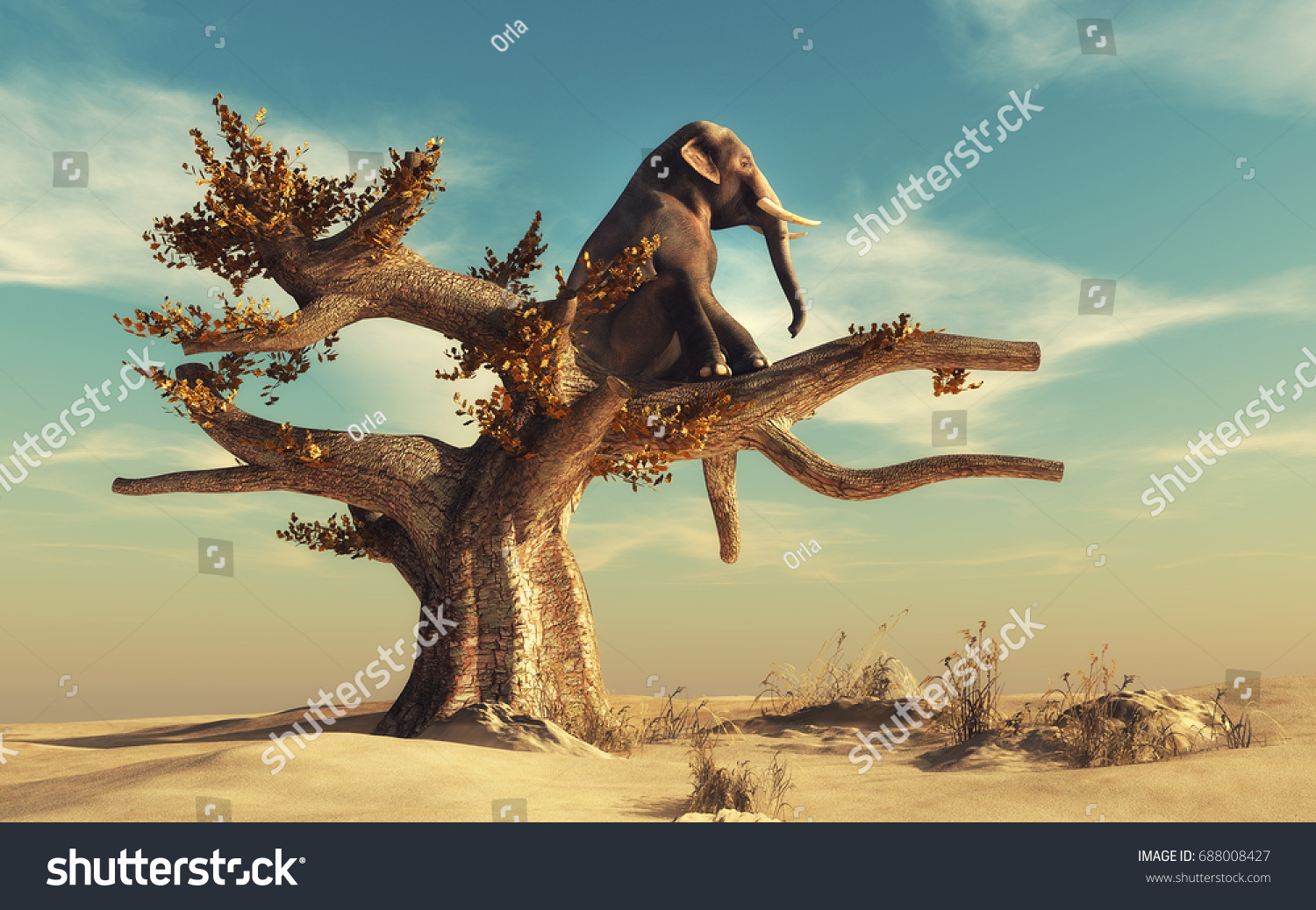 Elephant in a dry tree in surreal landscape. This is a 3d render illustration