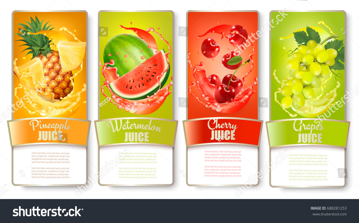 Set of labels of of fruit in juice splashes. Pineapple  watermelon  cherry  grapes. Vector.