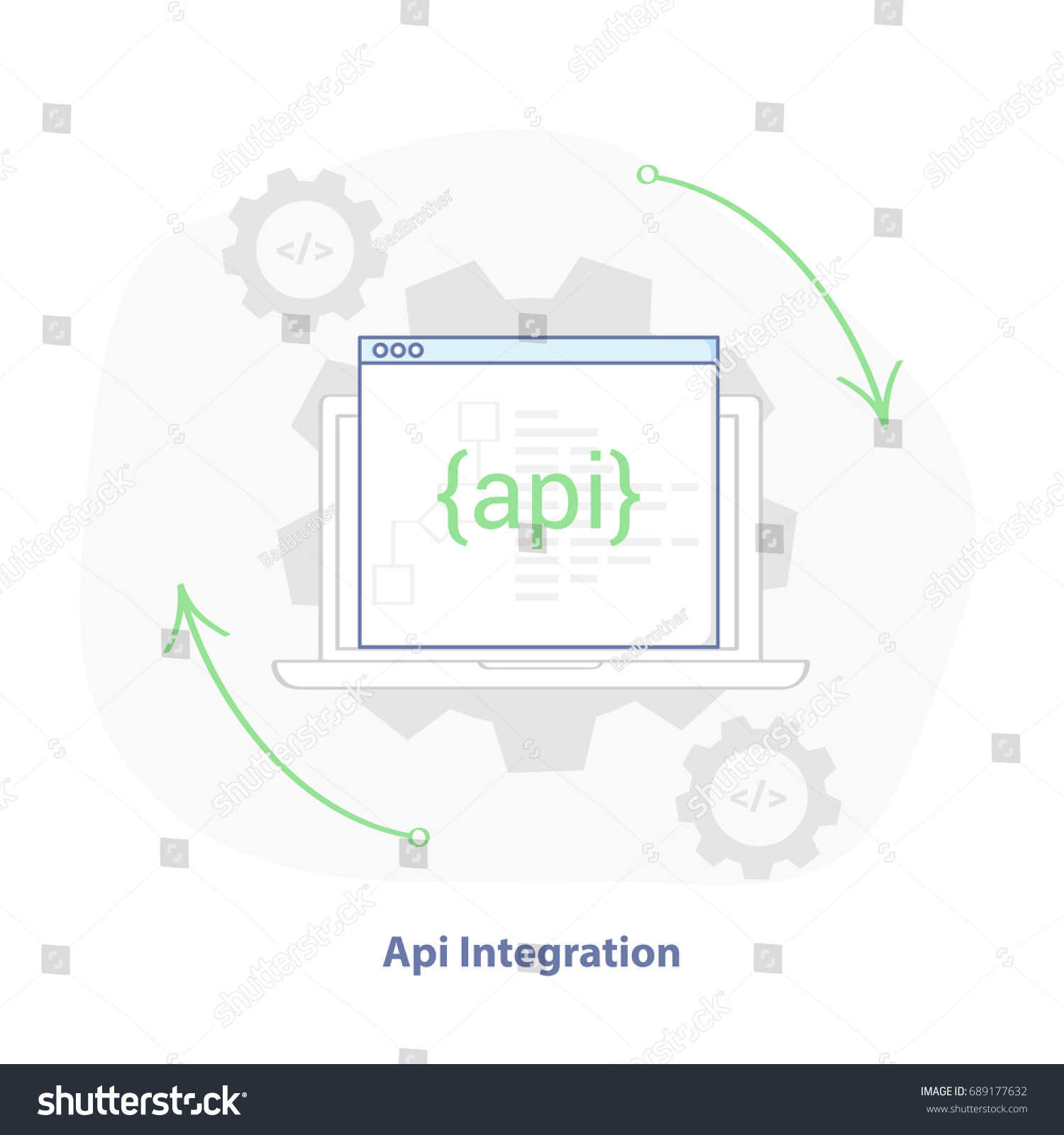 Web (API) Integration illustration  software development template sign. Application programming Interface with laptop flat line icon. Isolated vector.