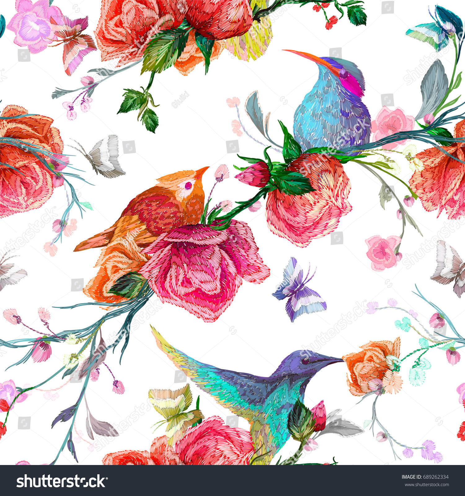 Vintage Seamless pattern: bird  butterfly and flower  leaf  branch  isolated on background. Imitation of embroidery  watercolor. Hand drawn vector illustration  separated editable elements.