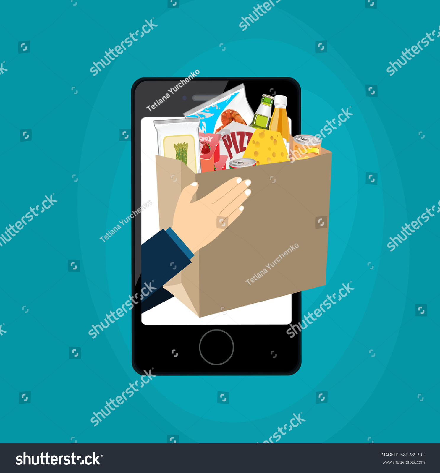 Concept for fast online delivery service. Hands holding a package box with groceries out of smartphone screen. Food delivery  internet shopping concepts. Vector flat illustration.