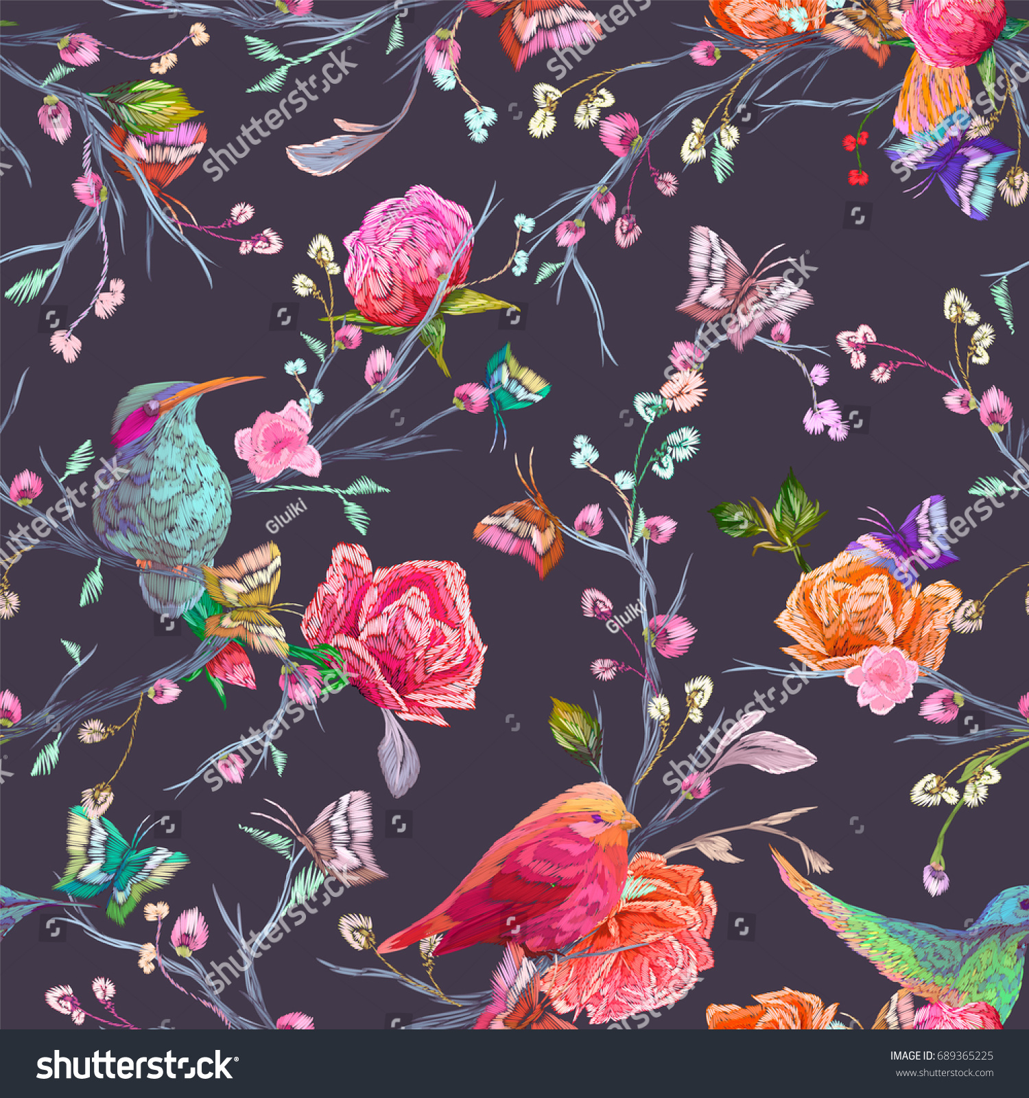 Vintage Seamless pattern: bird  butterfly and flower  leaf  branch  isolated on background. Imitation of embroidery  watercolor. Hand drawn vector illustration  separated editable elements.