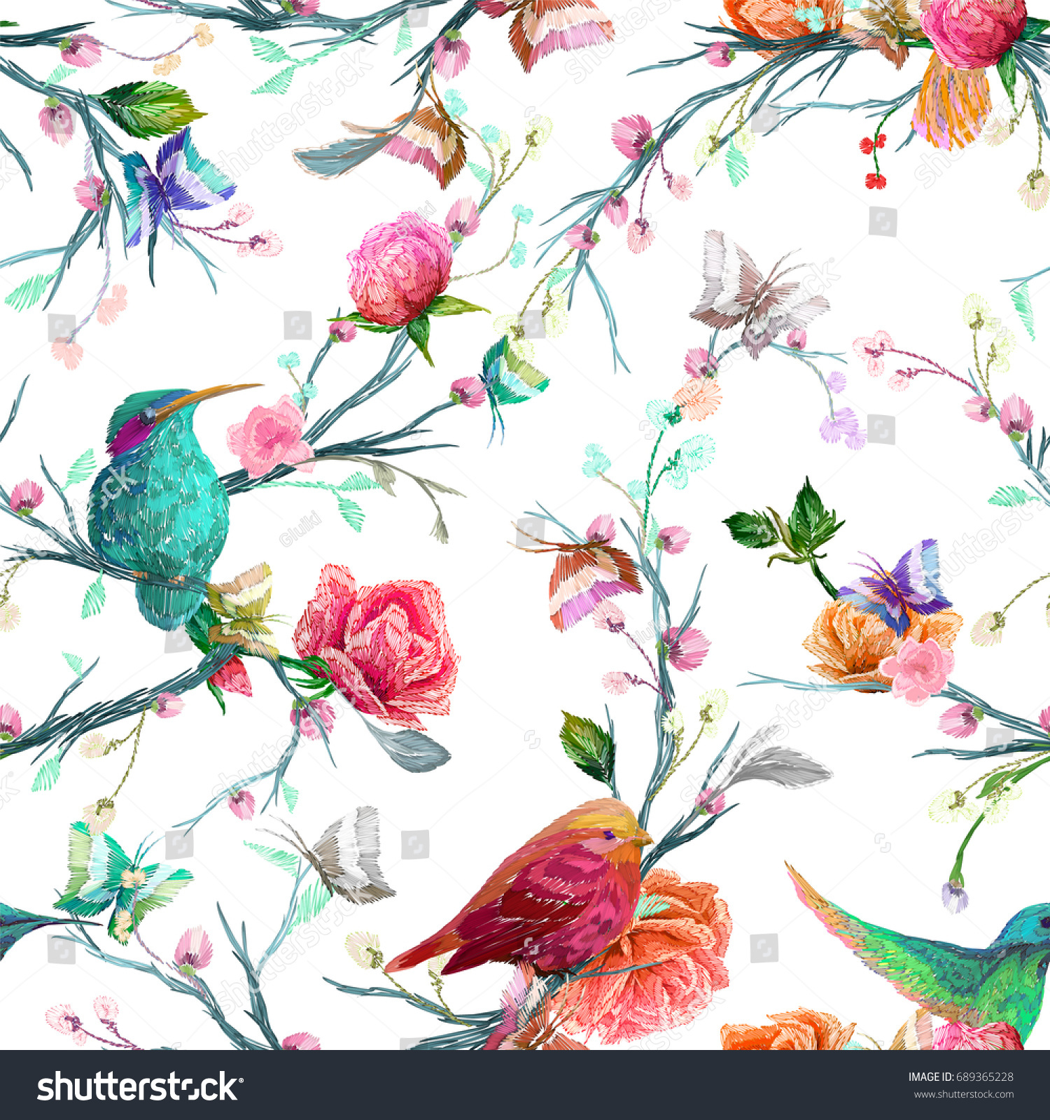 Vintage Seamless pattern: bird  butterfly and flower  leaf  branch  isolated on background. Imitation of embroidery  watercolor. Hand drawn vector illustration  separated editable elements.