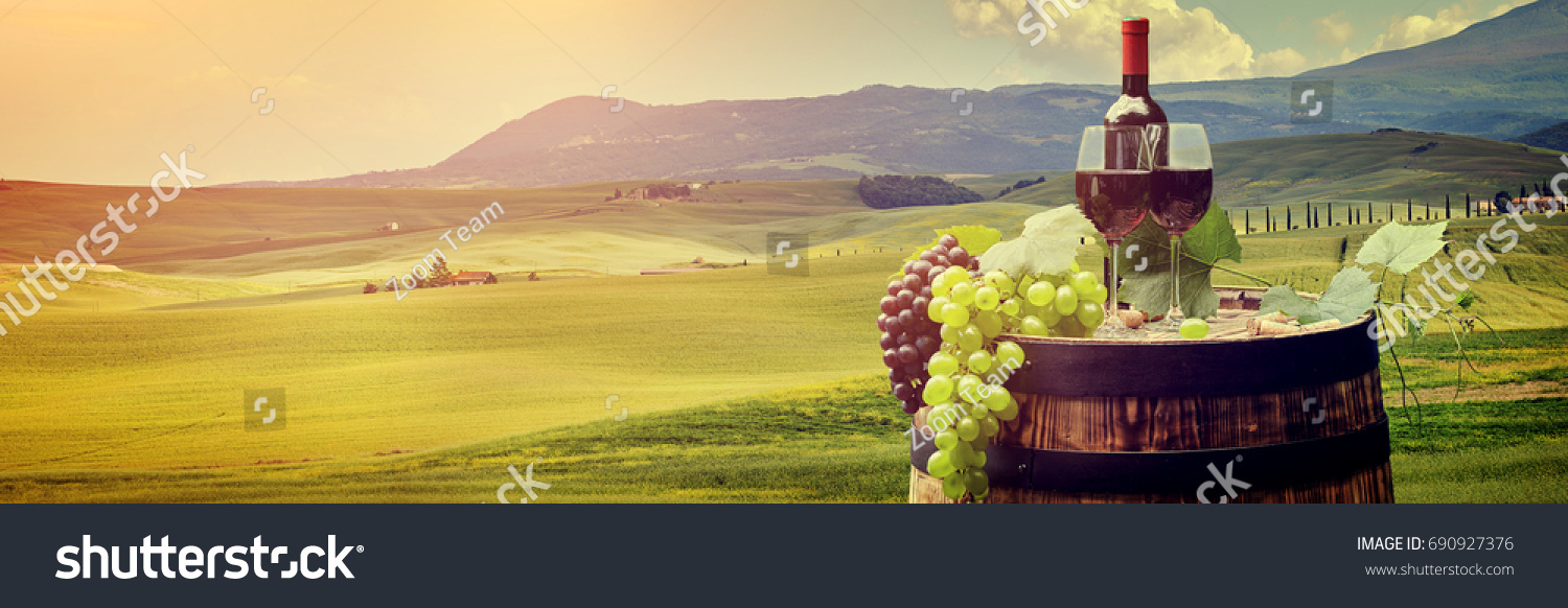 Red wine with barrel on vineyard in green Tuscany  Italy