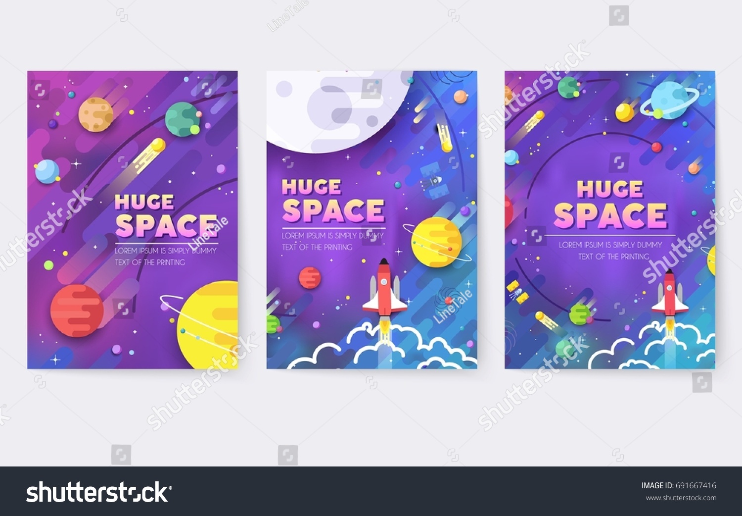巨大的宇宙矢量手册卡。轮廓外层空间火箭模板 弹匣 海报 书盖 横幅。彩色细线套件。背景。布局图标在银河系页中星星。