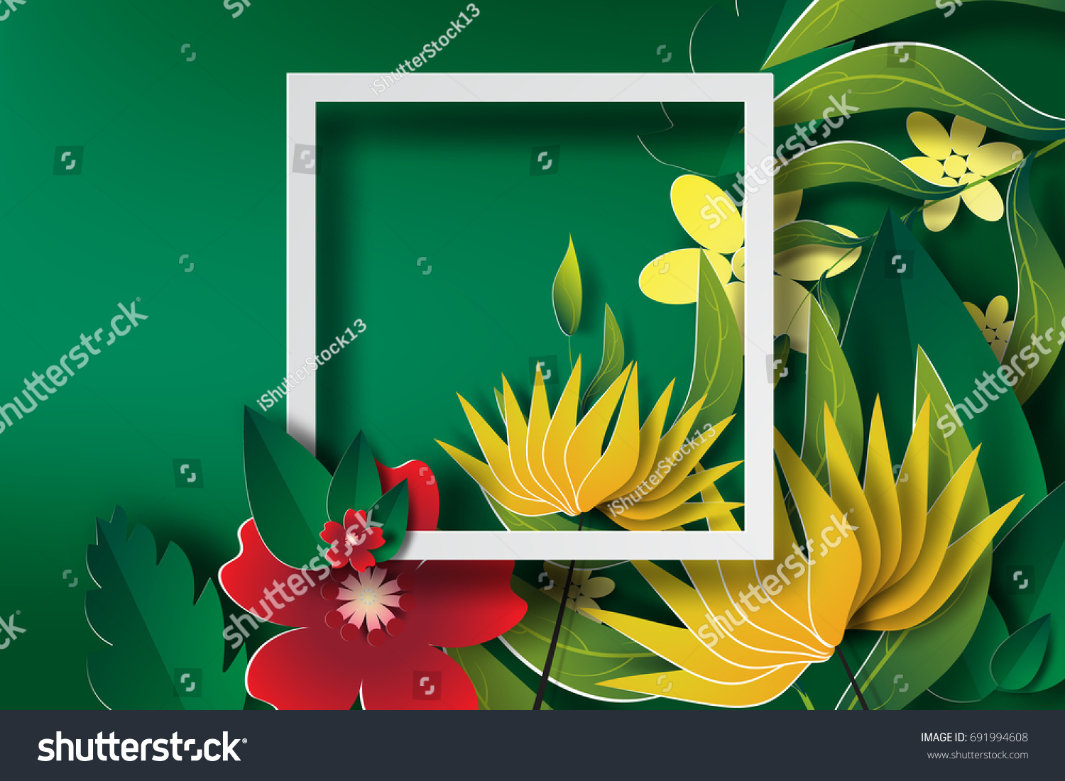 Paper art of  Frame with green leaf and flower  banners white vector
