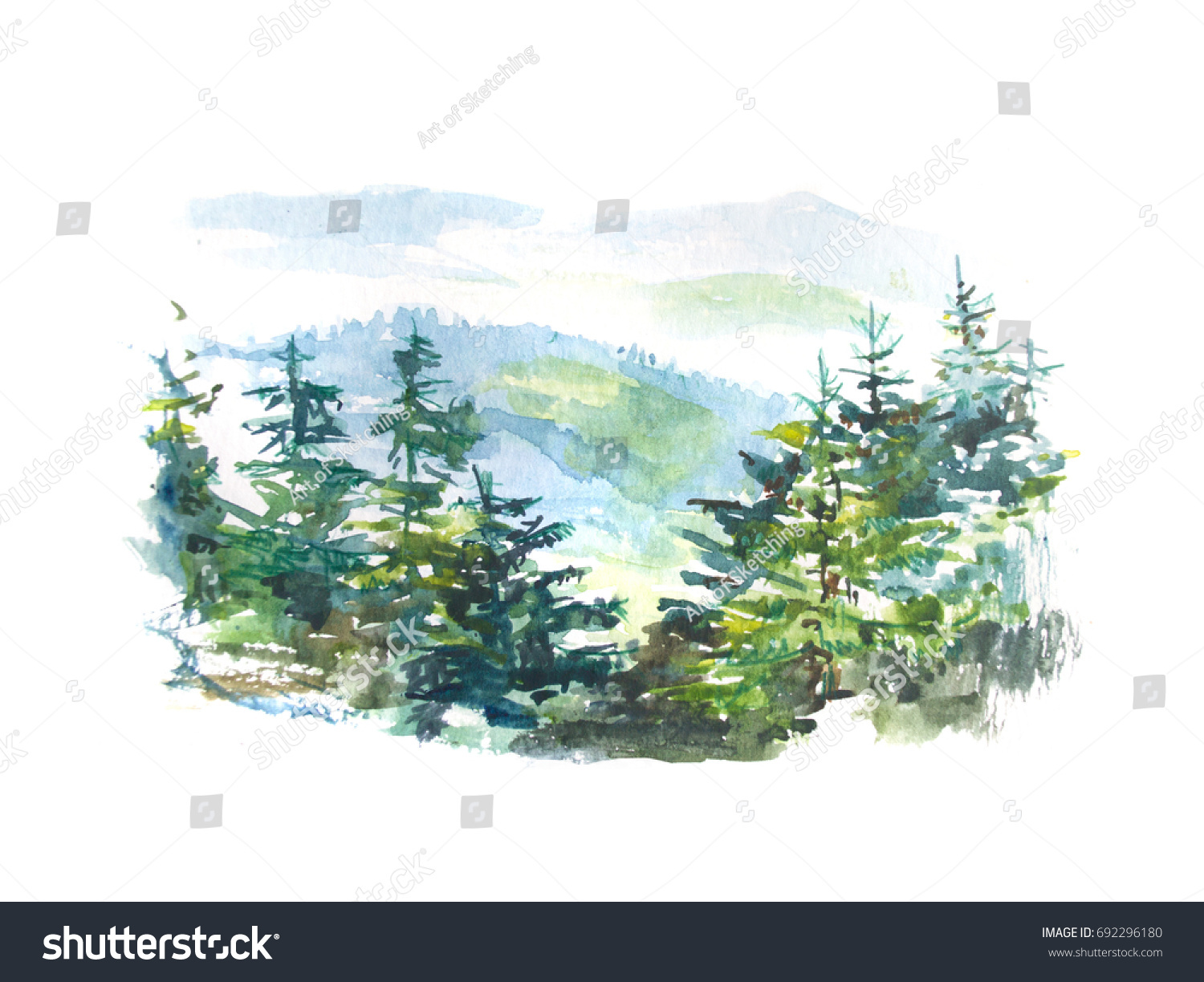 Watercolor landscape of the pine tree forest in the mountains isolated ...