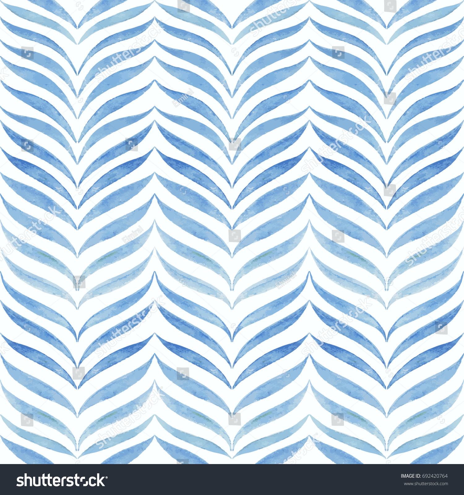 Abstract organic leaves shapes pattern. Vector seamless white and blue hand drawn watercolor herringbone background.
