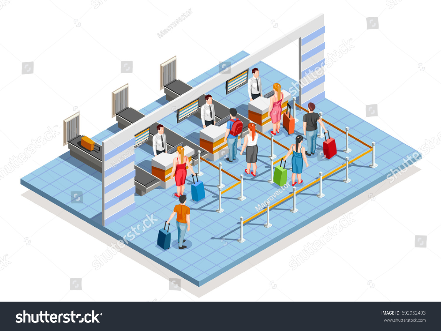 Line people airport isometric composition of flight check-in desk with bag drop counters and passenger characters vector illustration