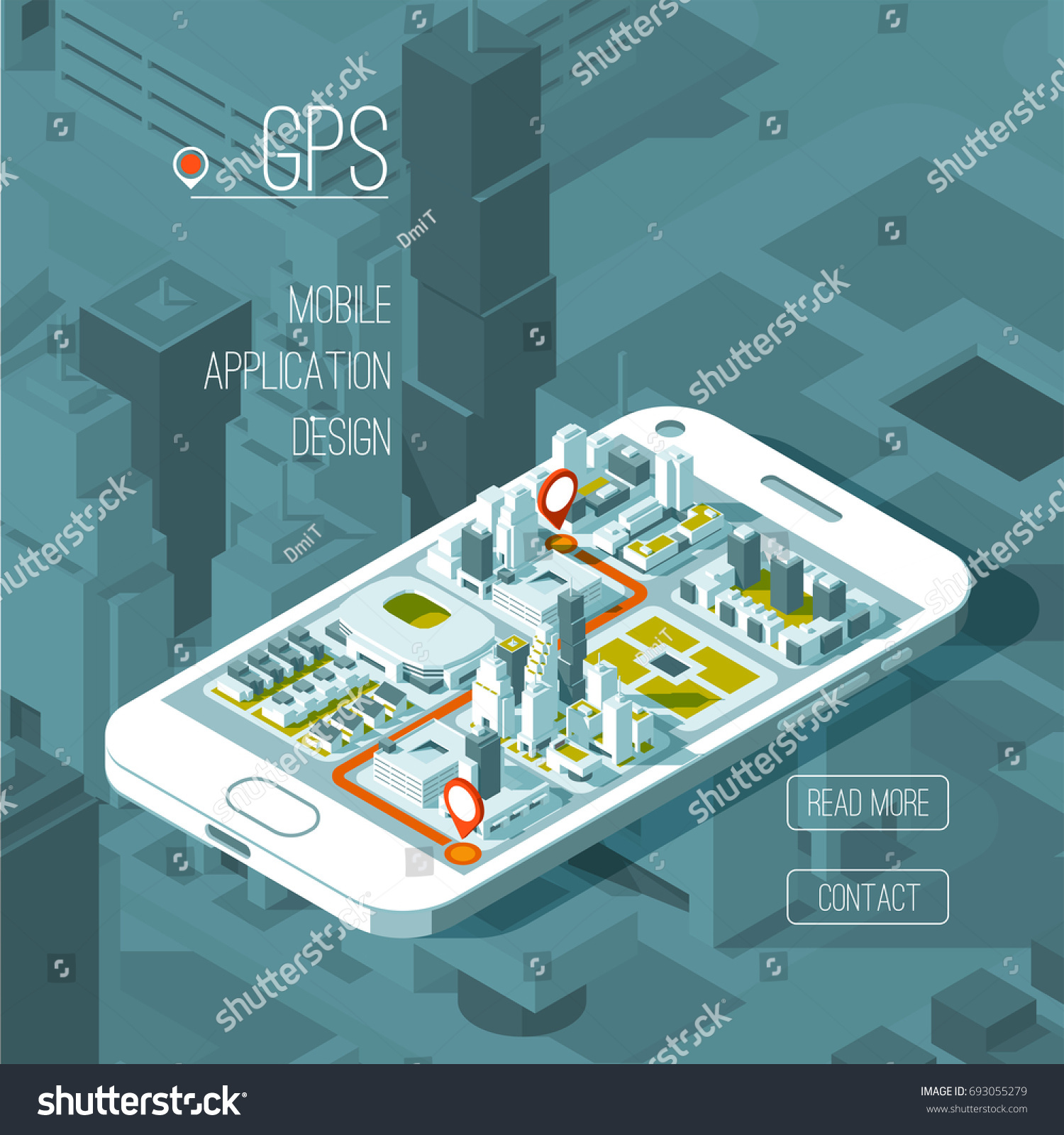 Mobile gps and tracking concept. Location track app on touchscreen smartphone  on isometric city map background. 3d vector illustration.